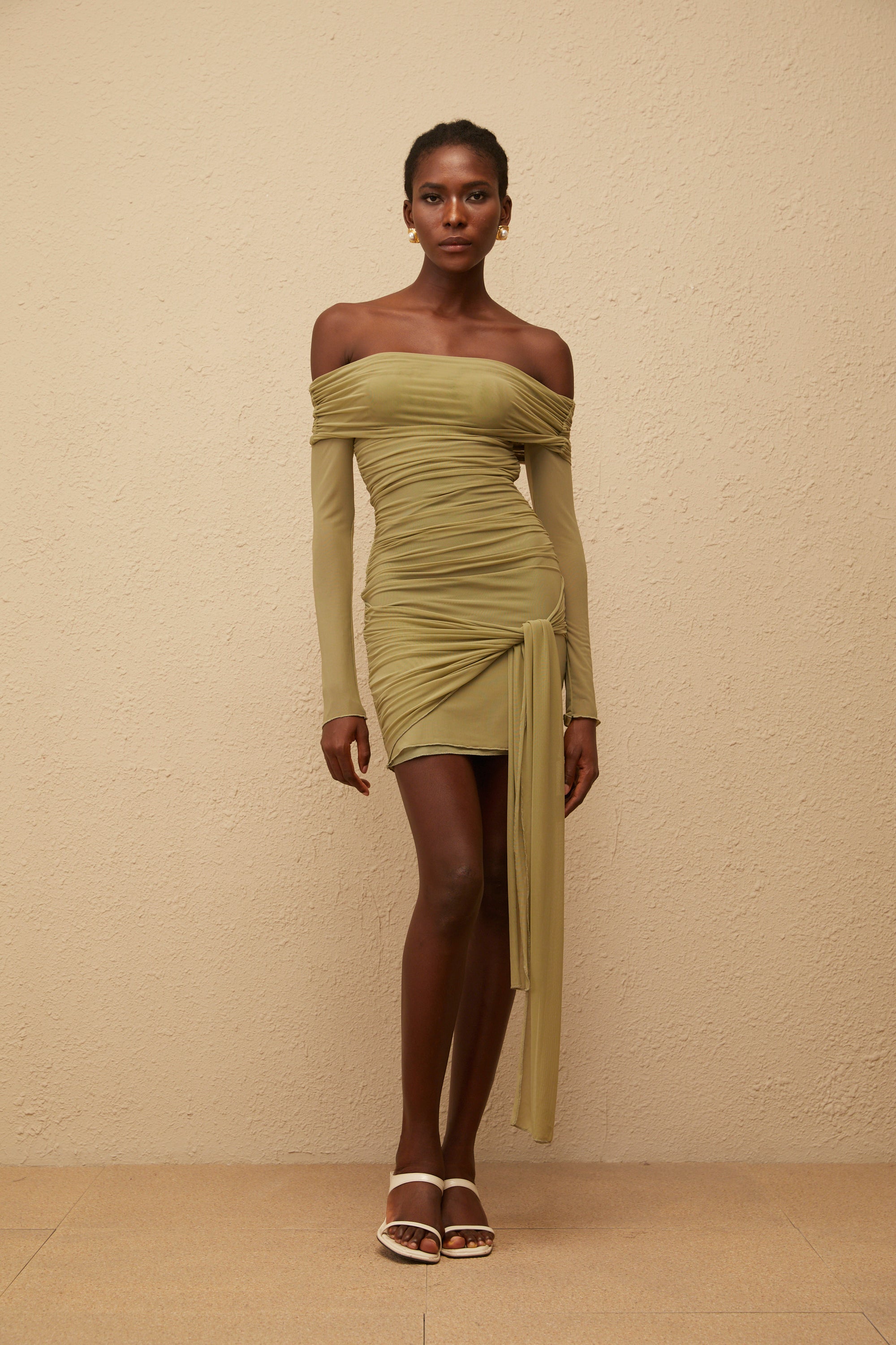 Sylphe Green Ruched Mesh Mini Dress
