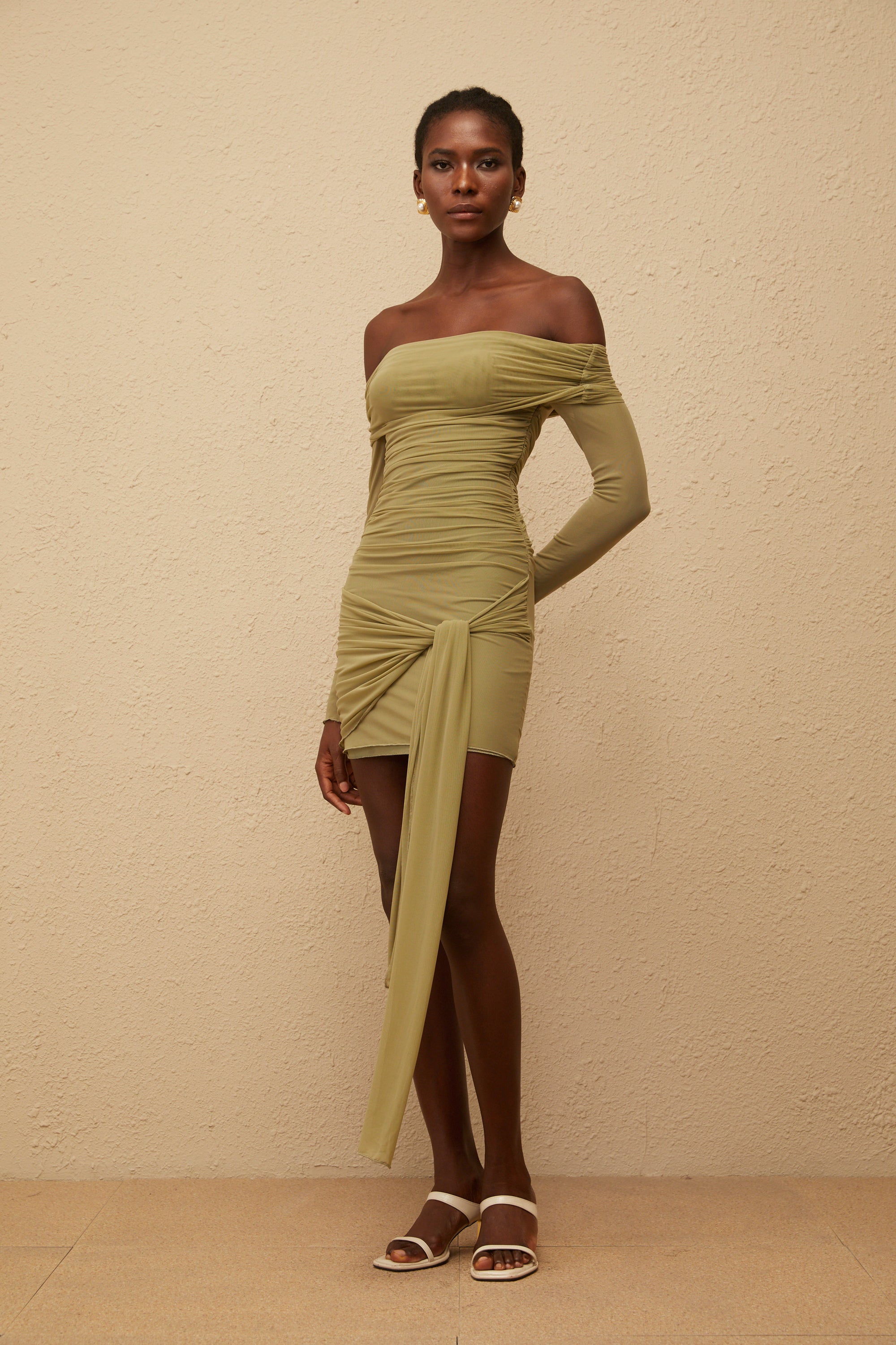 Sylphe Green Ruched Mesh Mini Dress