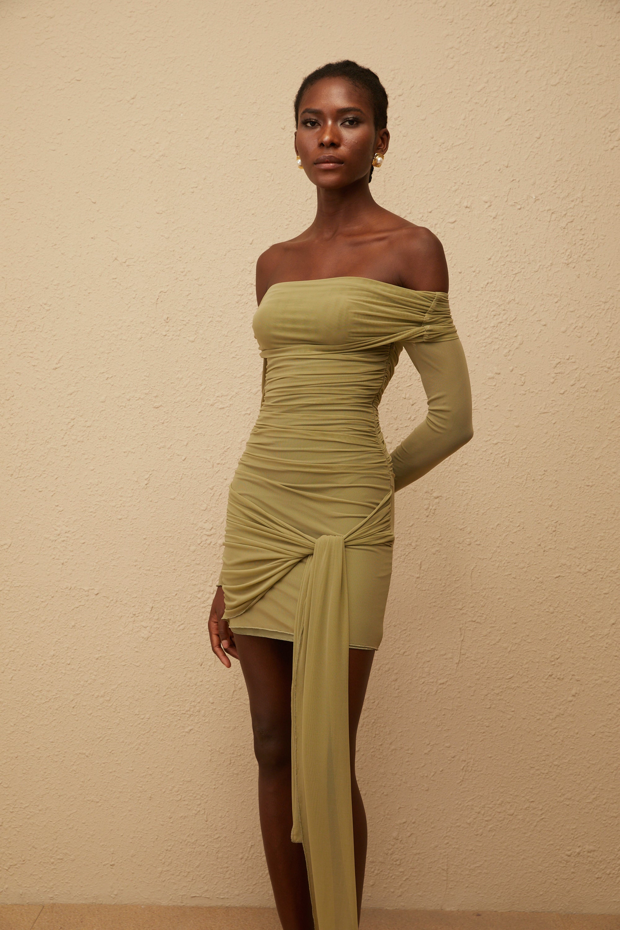 Sylphe Green Ruched Mesh Mini Dress