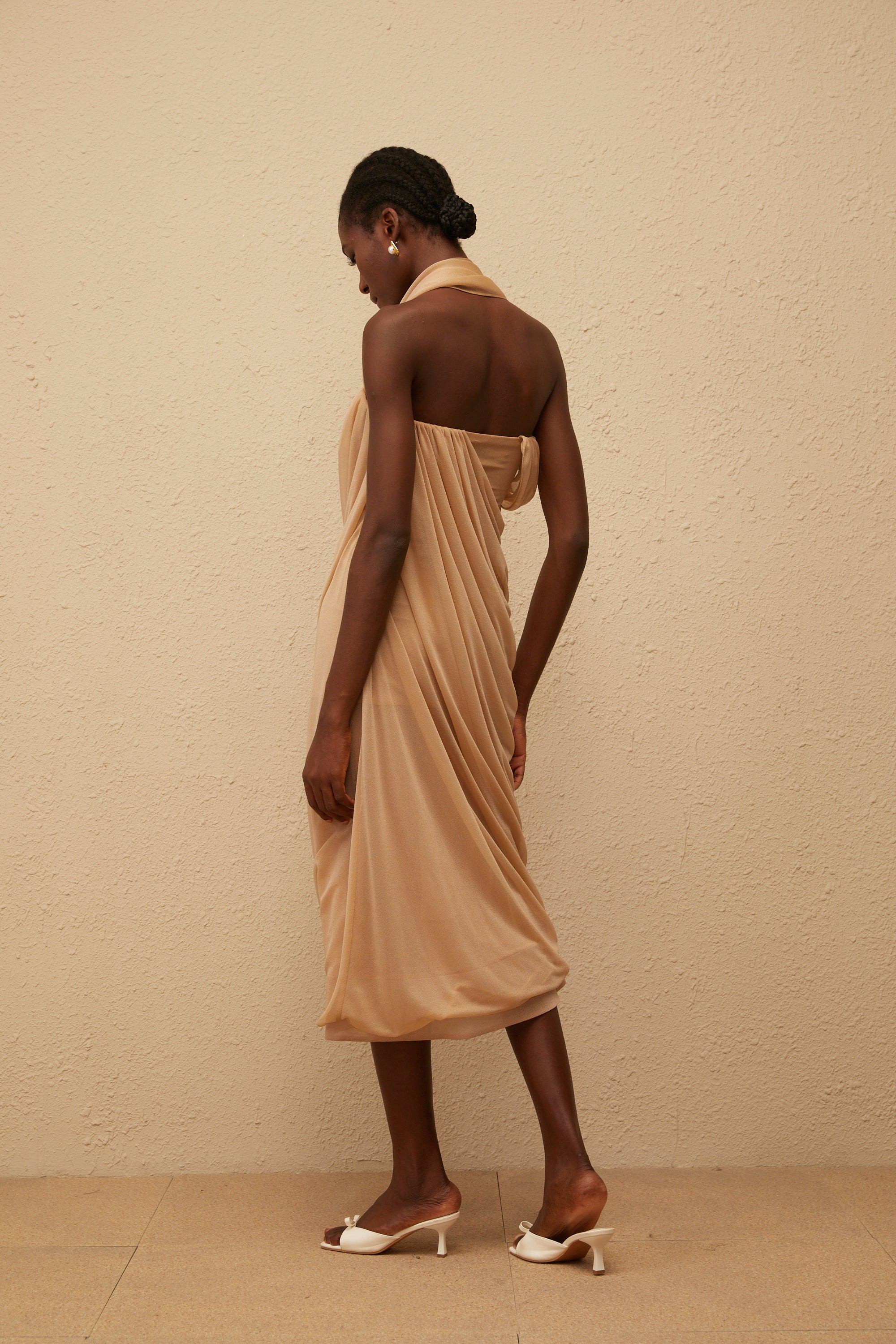 Mielikki Khaki Asymmetrical Tulle Panel Midi Dress