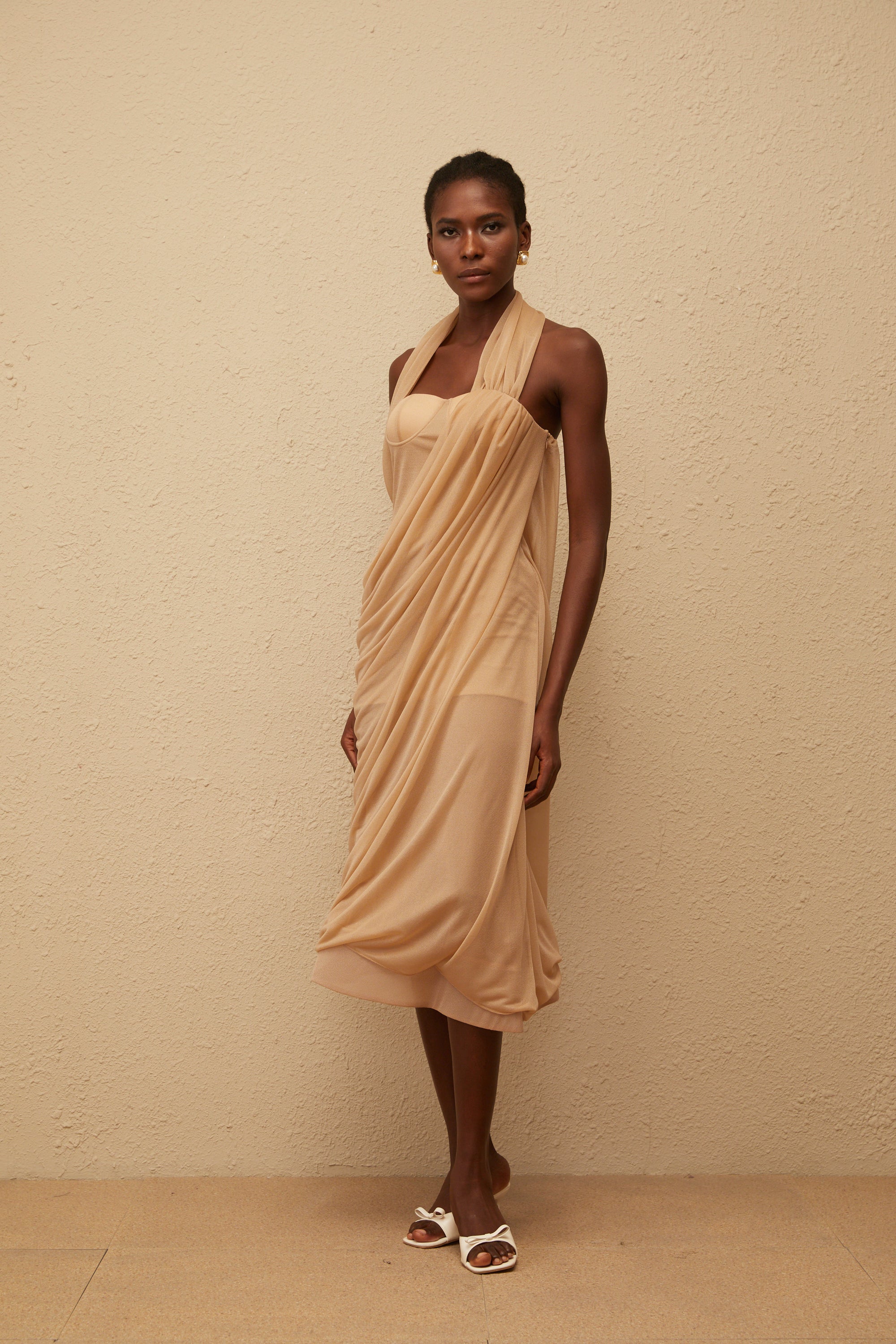 Mielikki Khaki Asymmetrical Tulle Panel Midi Dress
