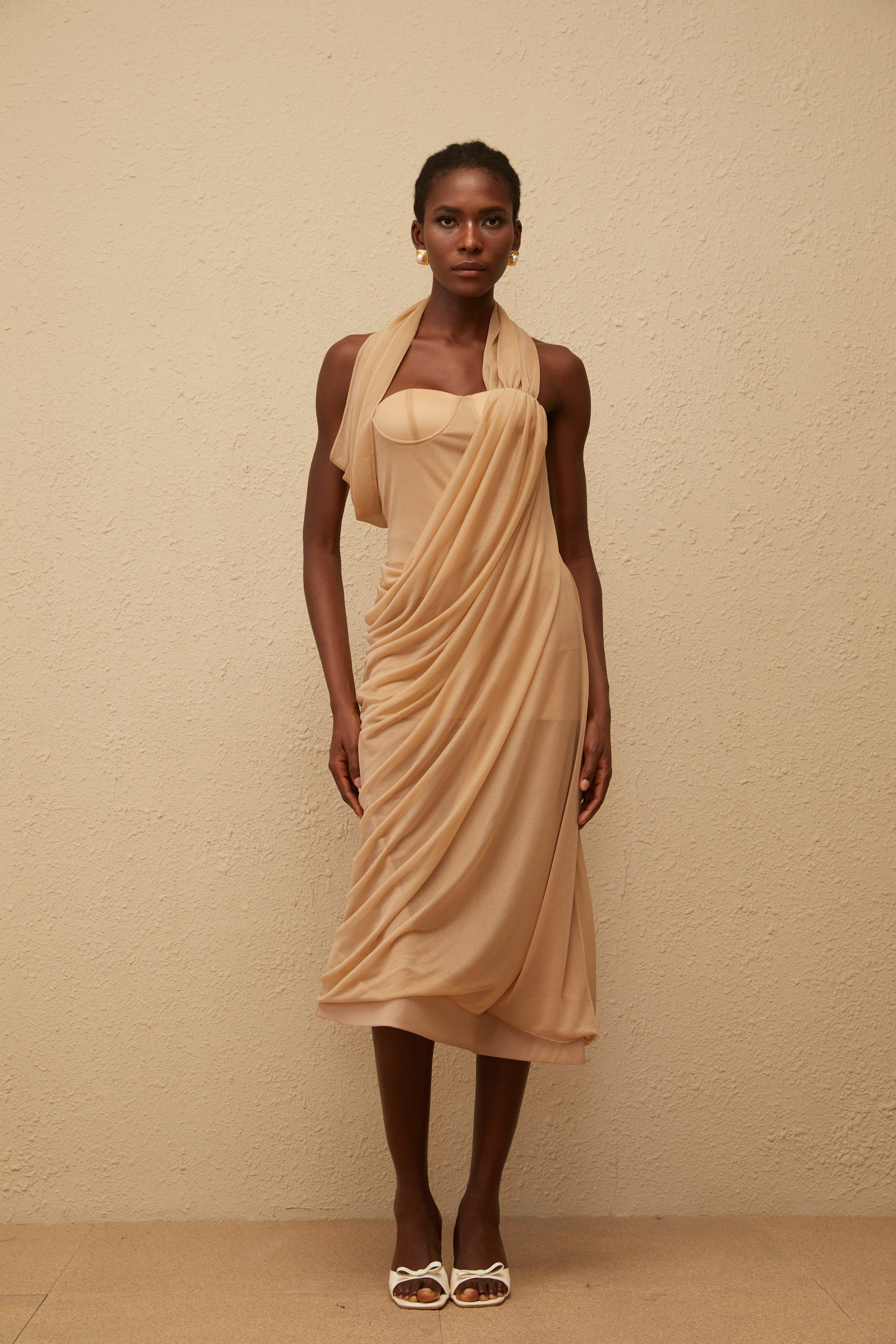 Mielikki Khaki Asymmetrical Tulle Panel Midi Dress