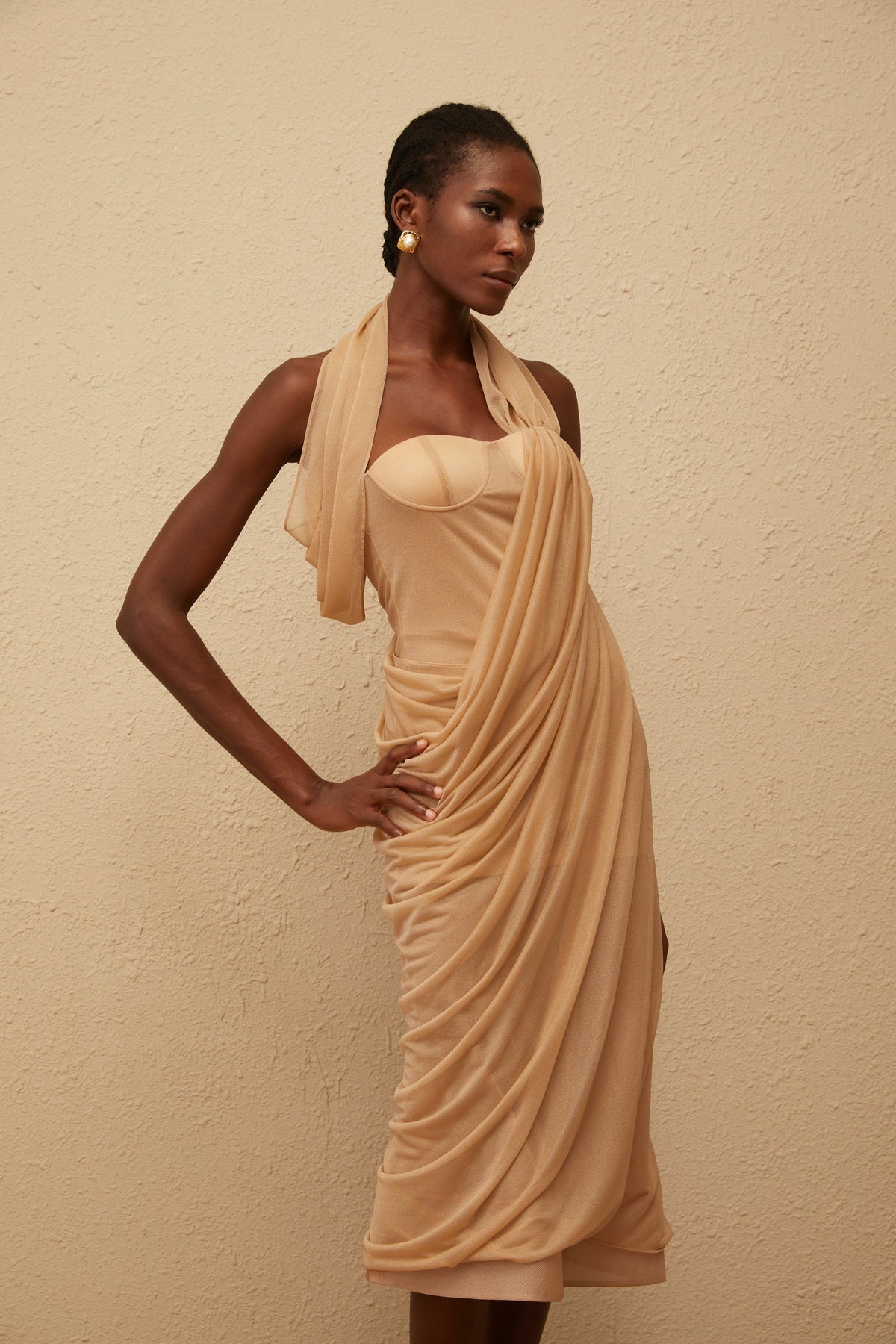 Mielikki Khaki Asymmetrical Tulle Panel Midi Dress