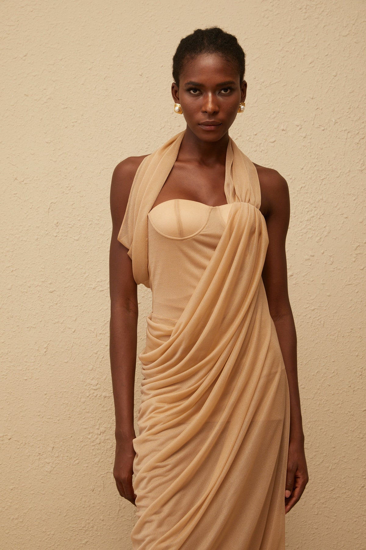 Mielikki Khaki Asymmetrical Tulle Panel Midi Dress