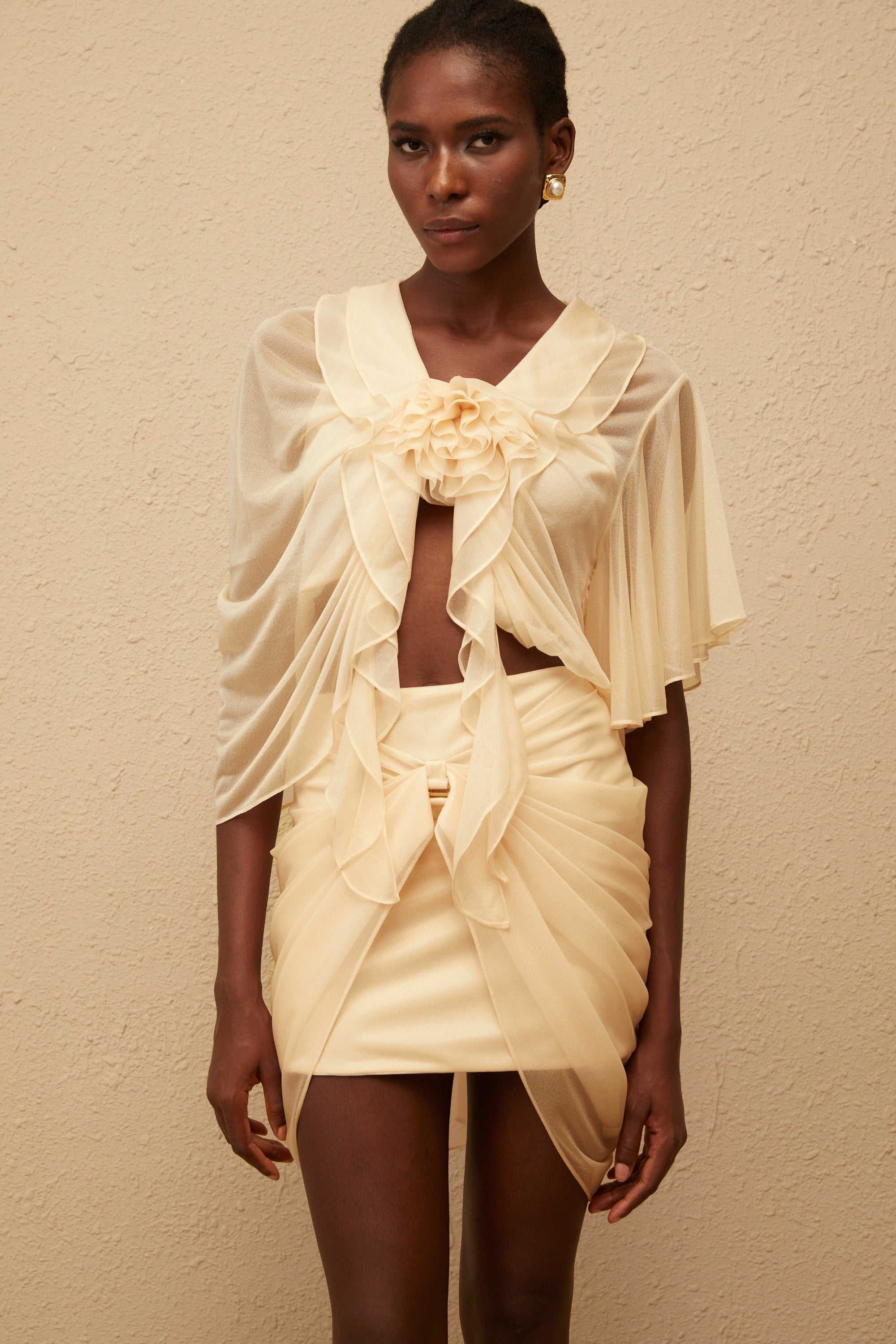 Pénombre Neutral Ruched Tulle Top & Skirt Set