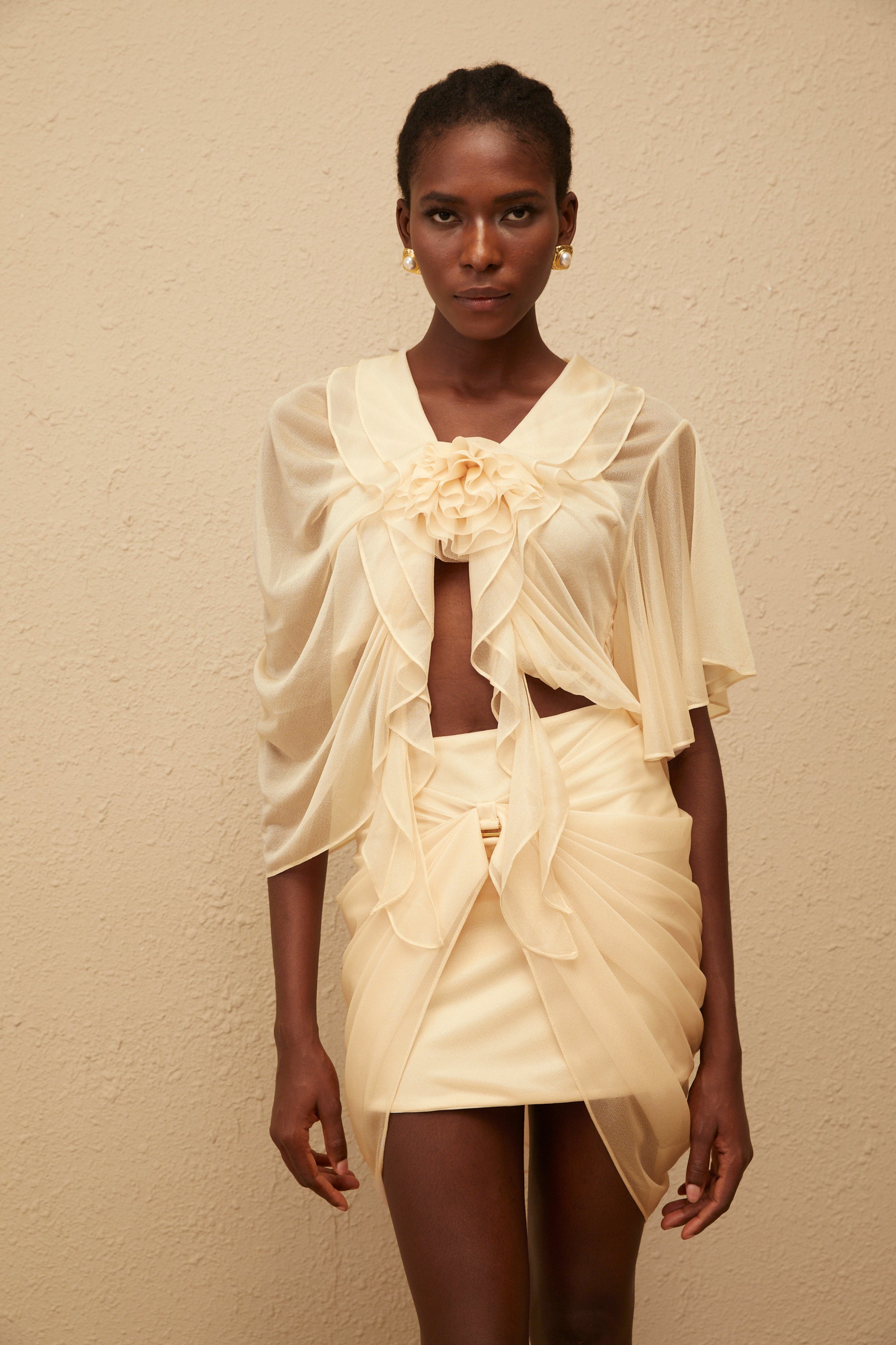 Pénombre Neutral Ruched Tulle Top & Skirt Set