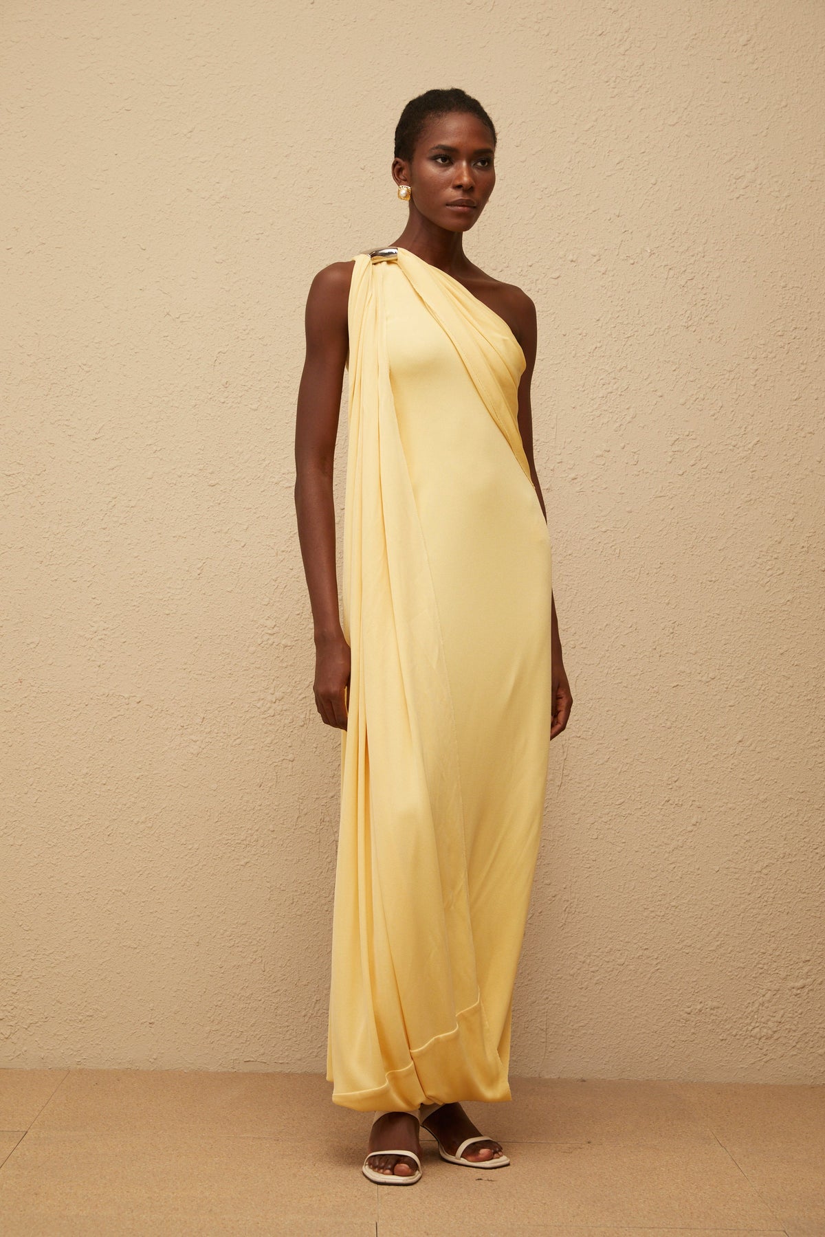 Garance Yellow Draped Asymmetrical Maxi Dress