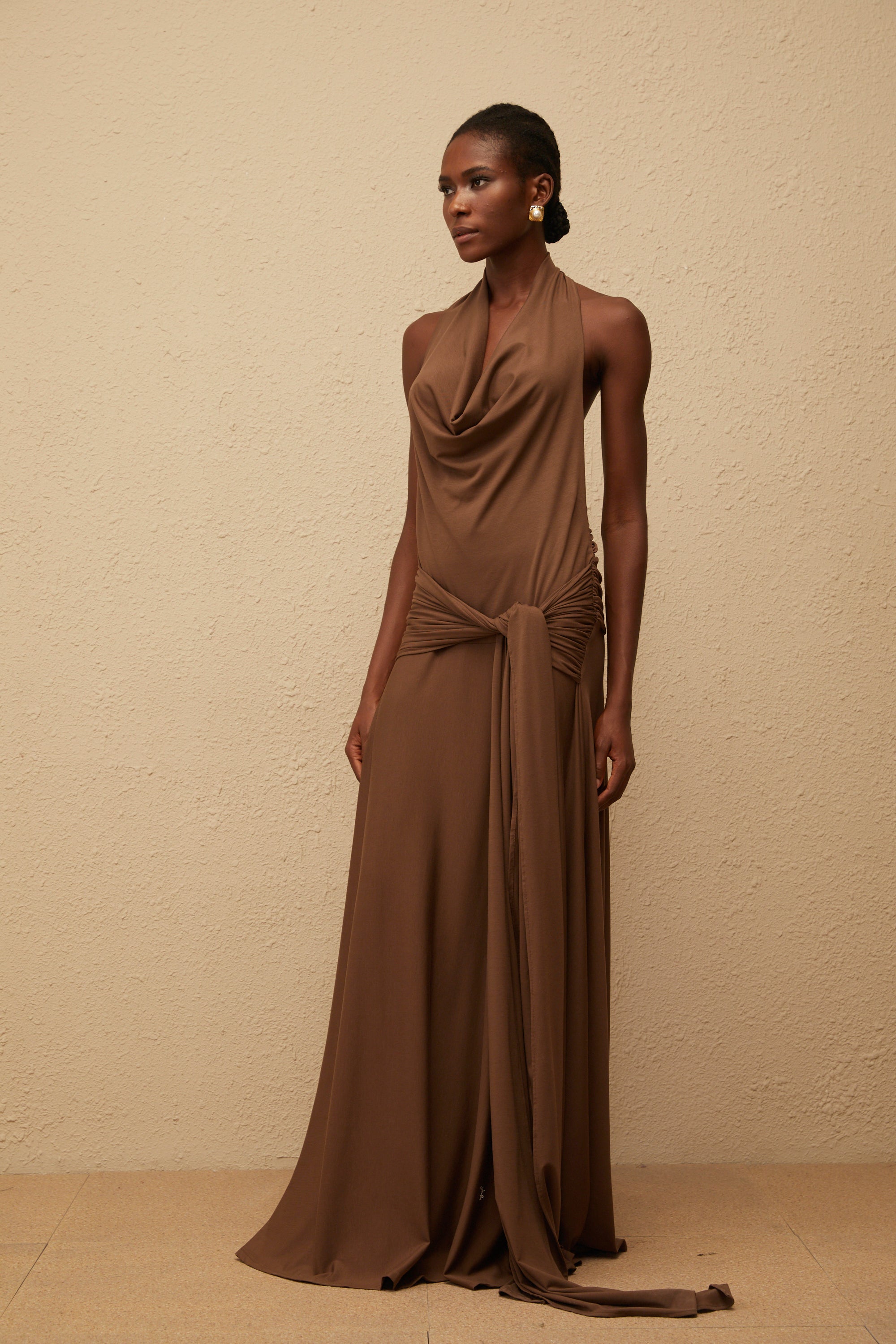 Minna Brown Halterneck Twisted Maxi Dress