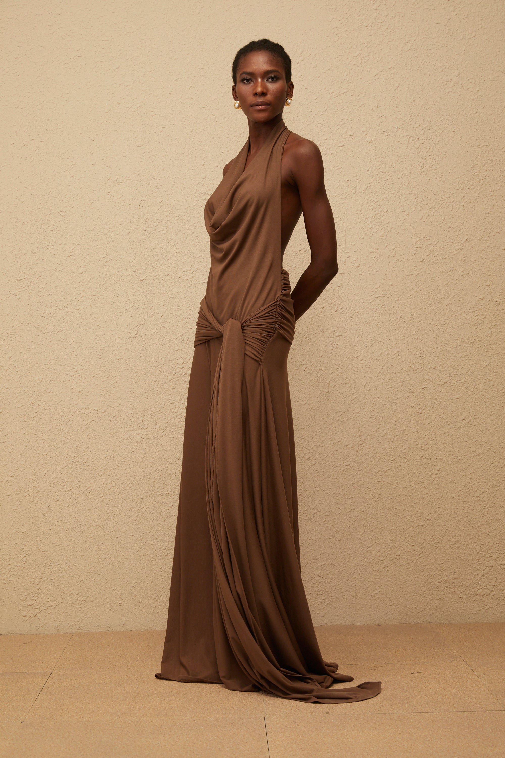 Minna Brown Halterneck Twisted Maxi Dress