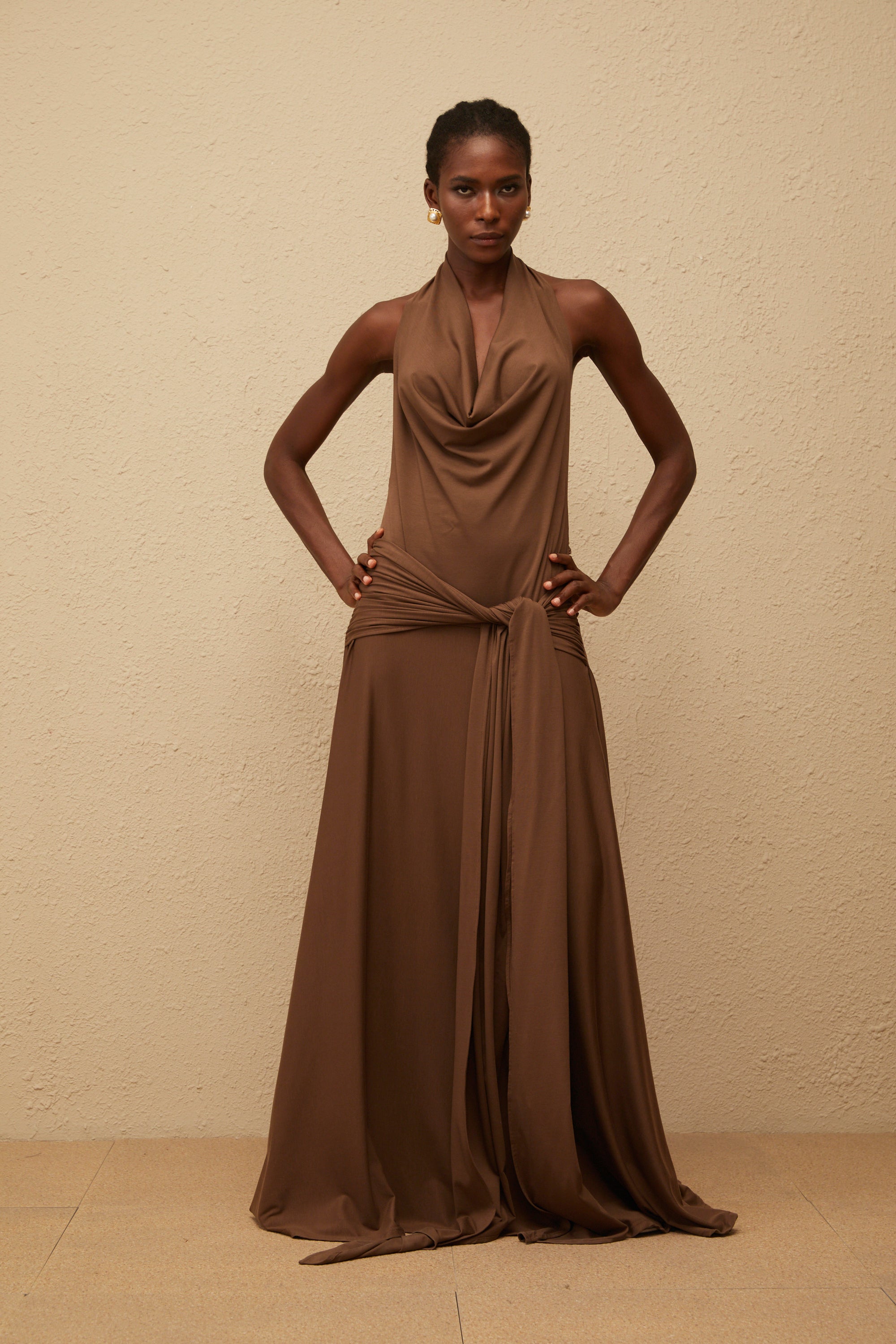 Minna Brown Halterneck Twisted Maxi Dress