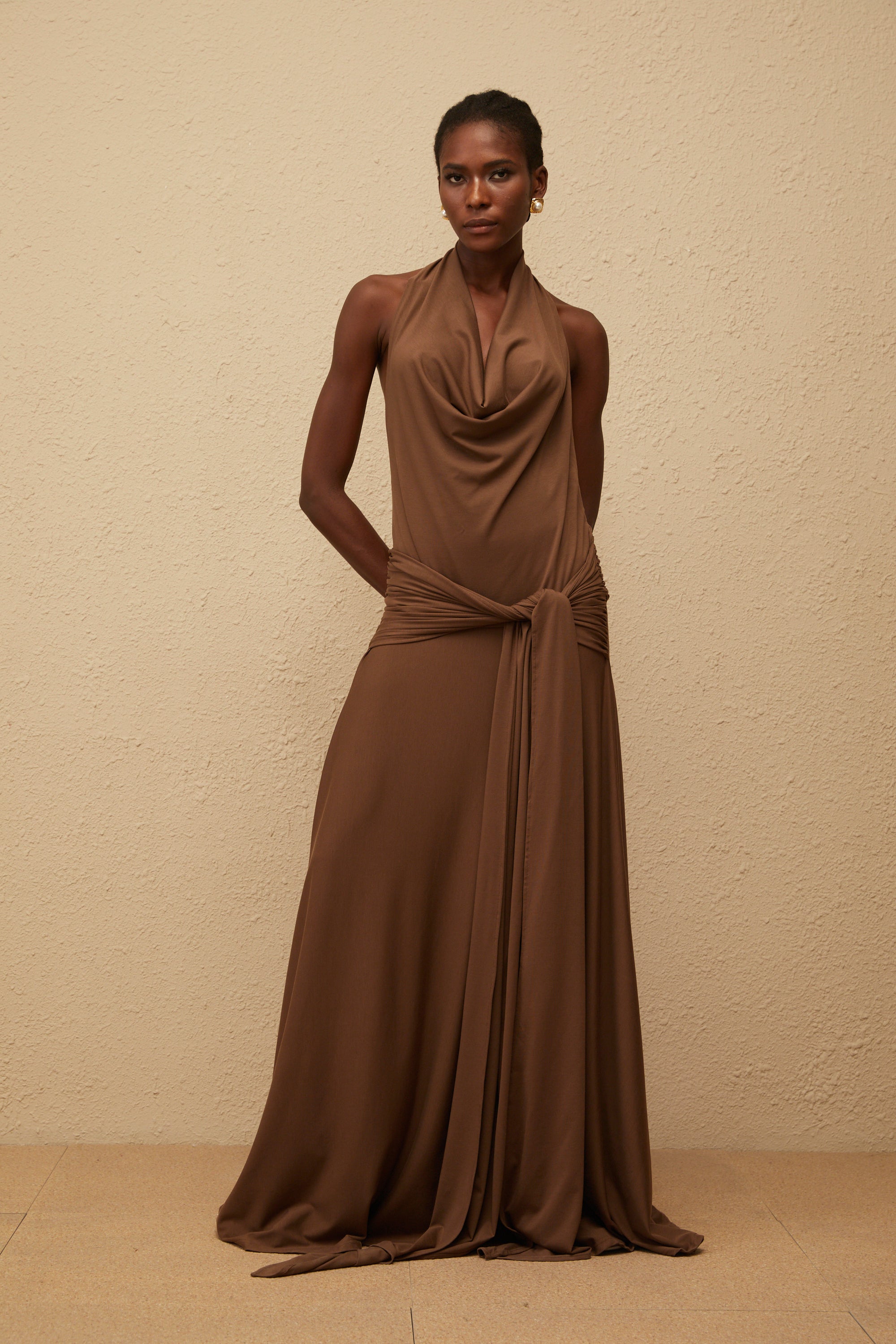 Minna Brown Halterneck Twisted Maxi Dress