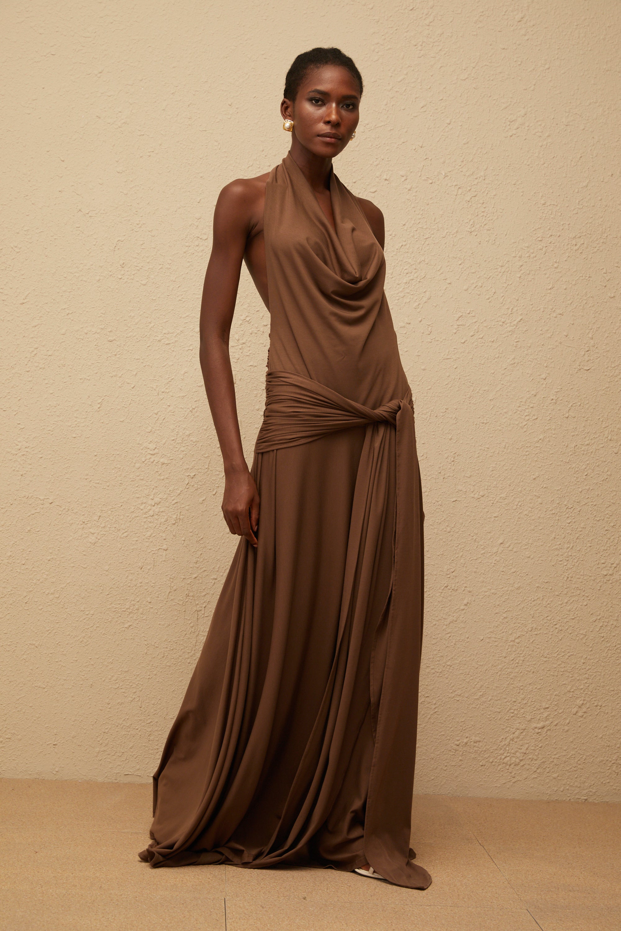 Minna Brown Halterneck Twisted Maxi Dress