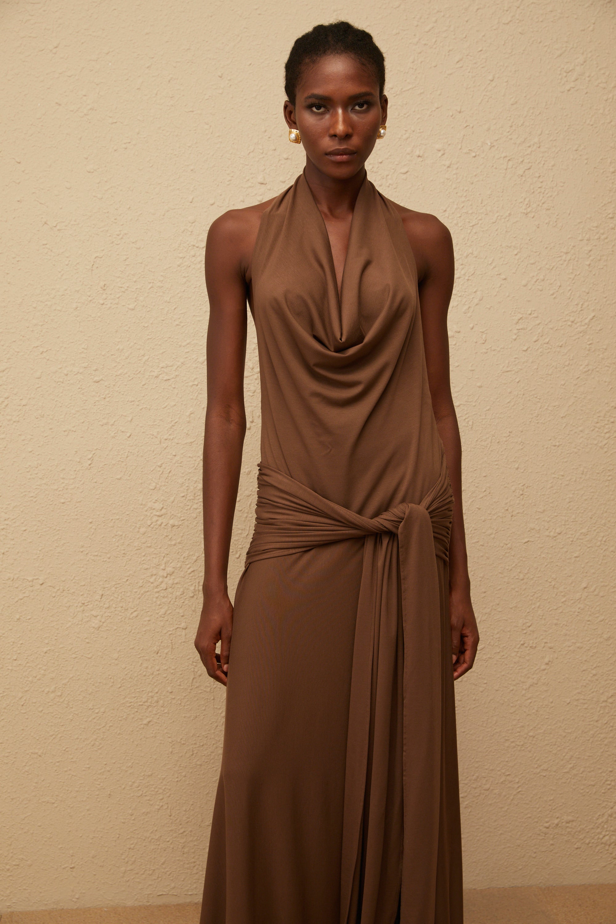 Minna Brown Halterneck Twisted Maxi Dress