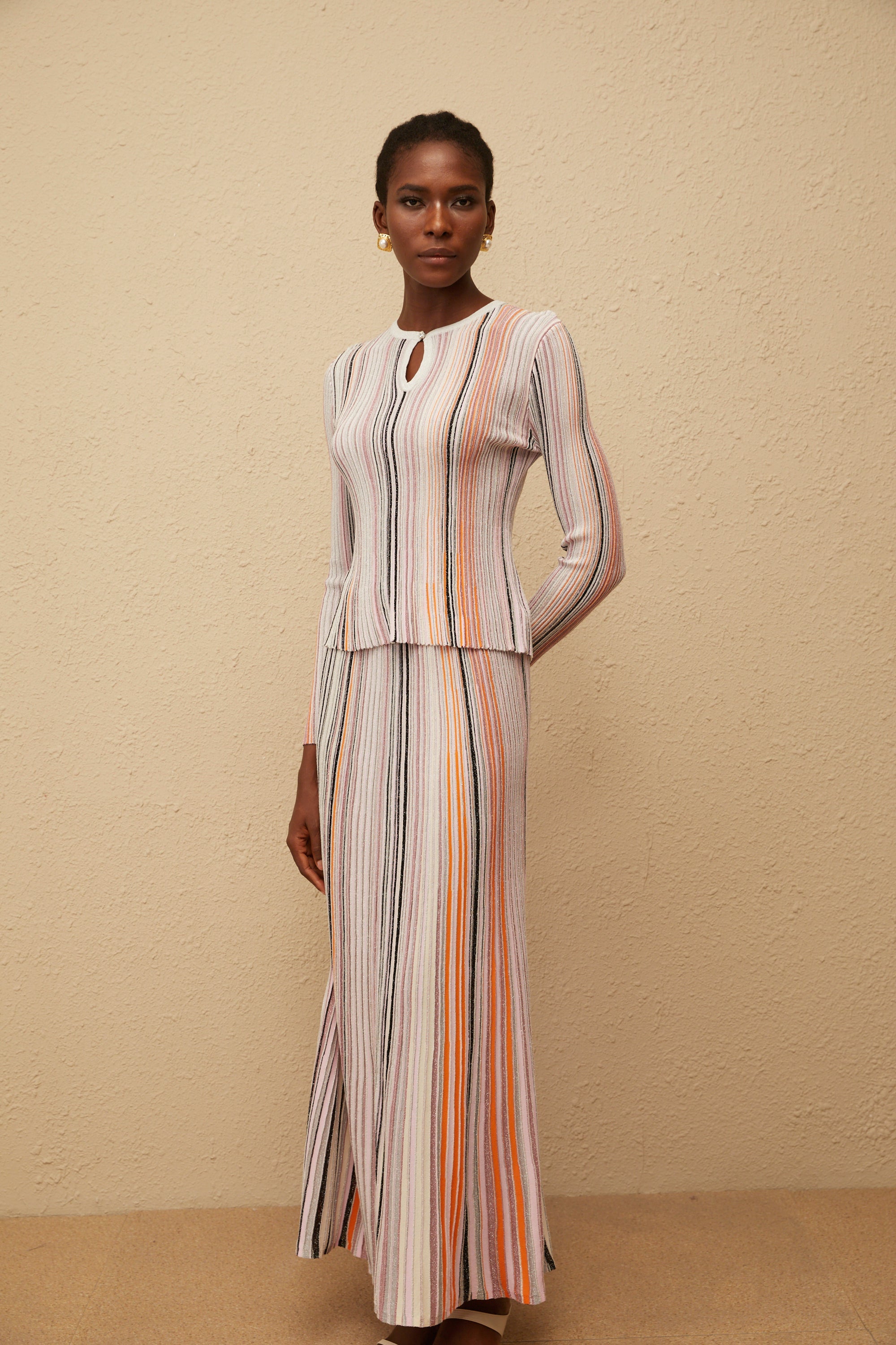 Aphrodite Neutral Glitter Pleated Knit Matching Set (Final Sale)
