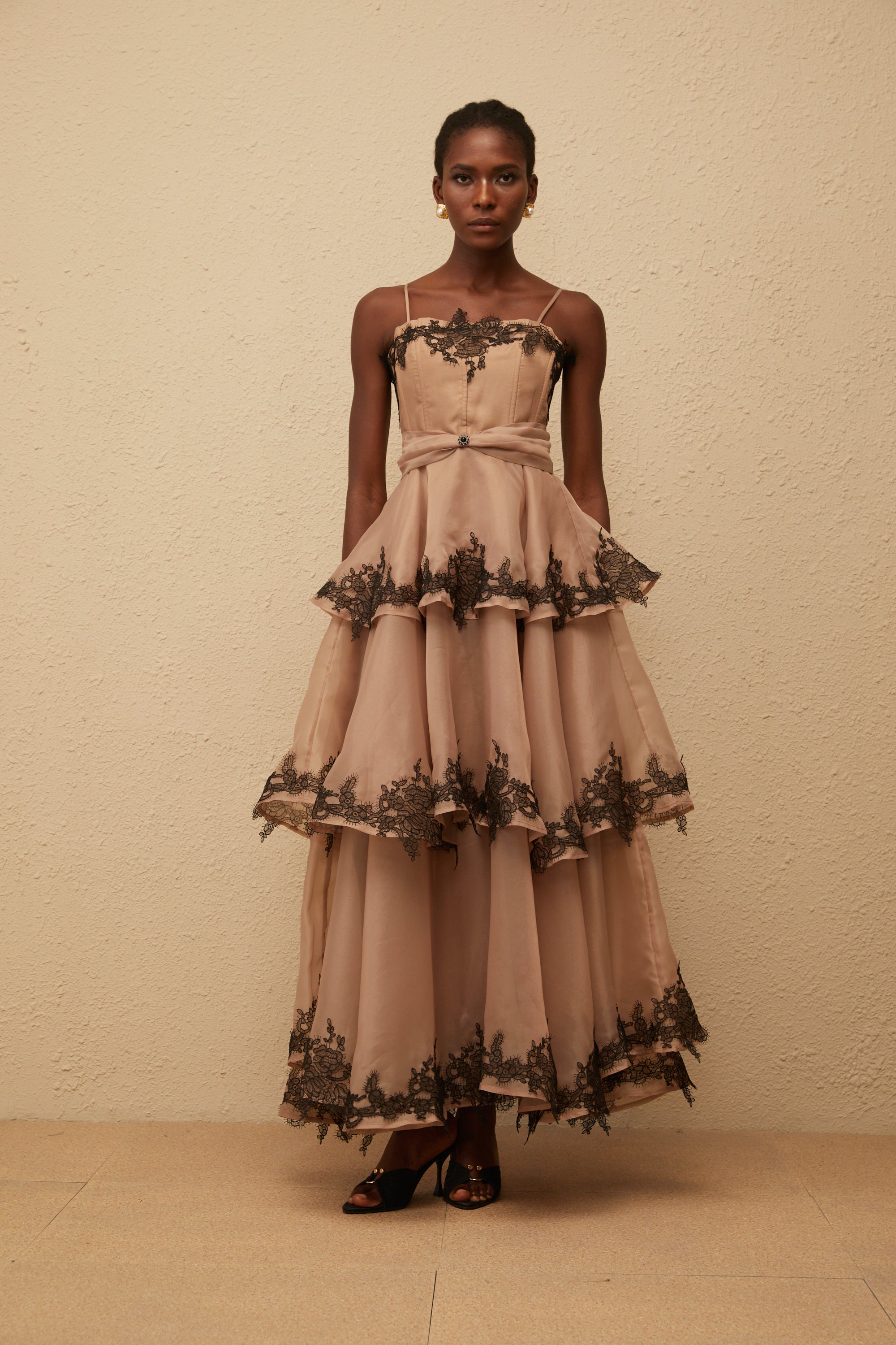 Frideborg Brown Tiered Tulle Maxi Dress