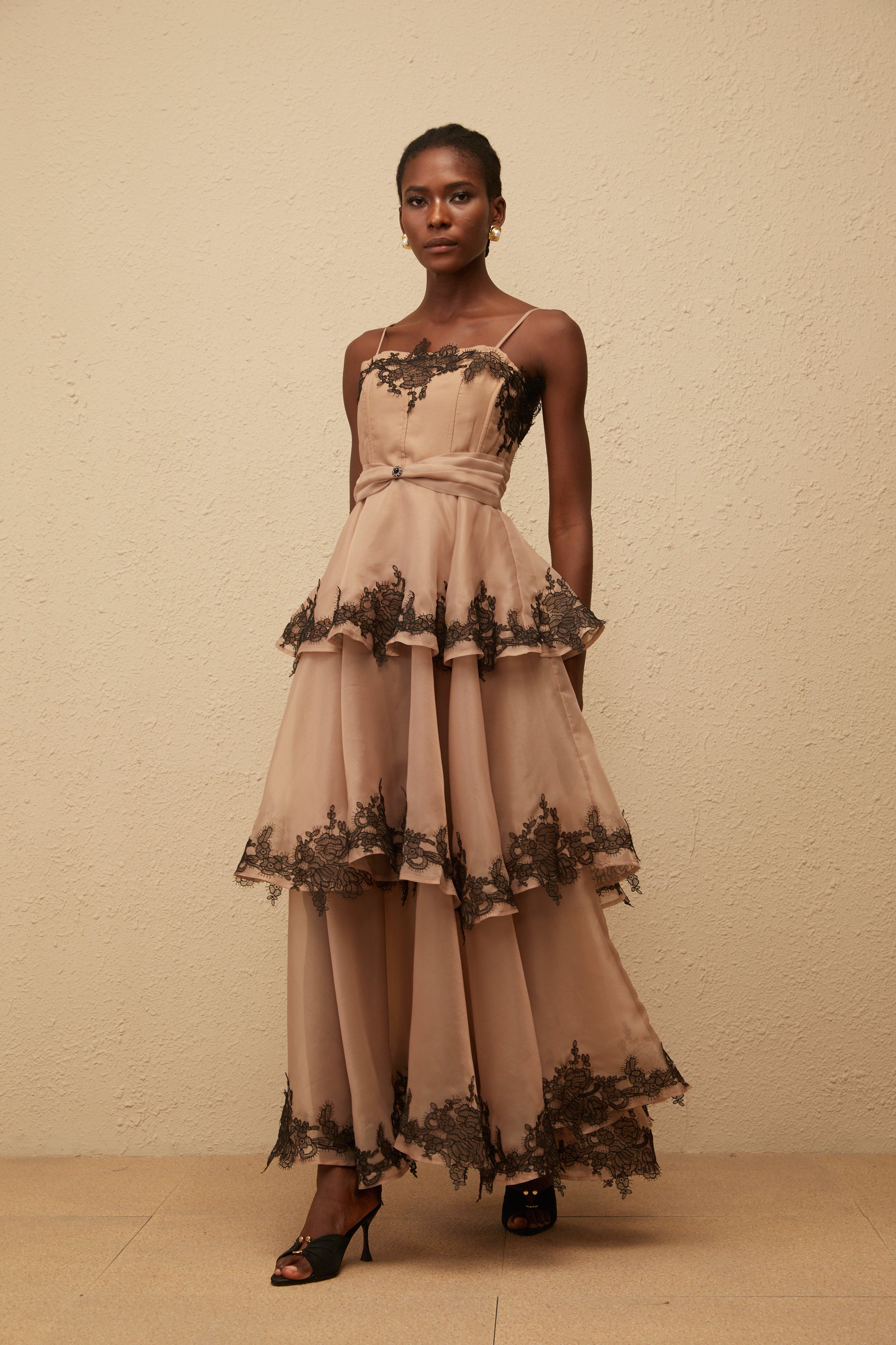 Frideborg Brown Tiered Tulle Maxi Dress