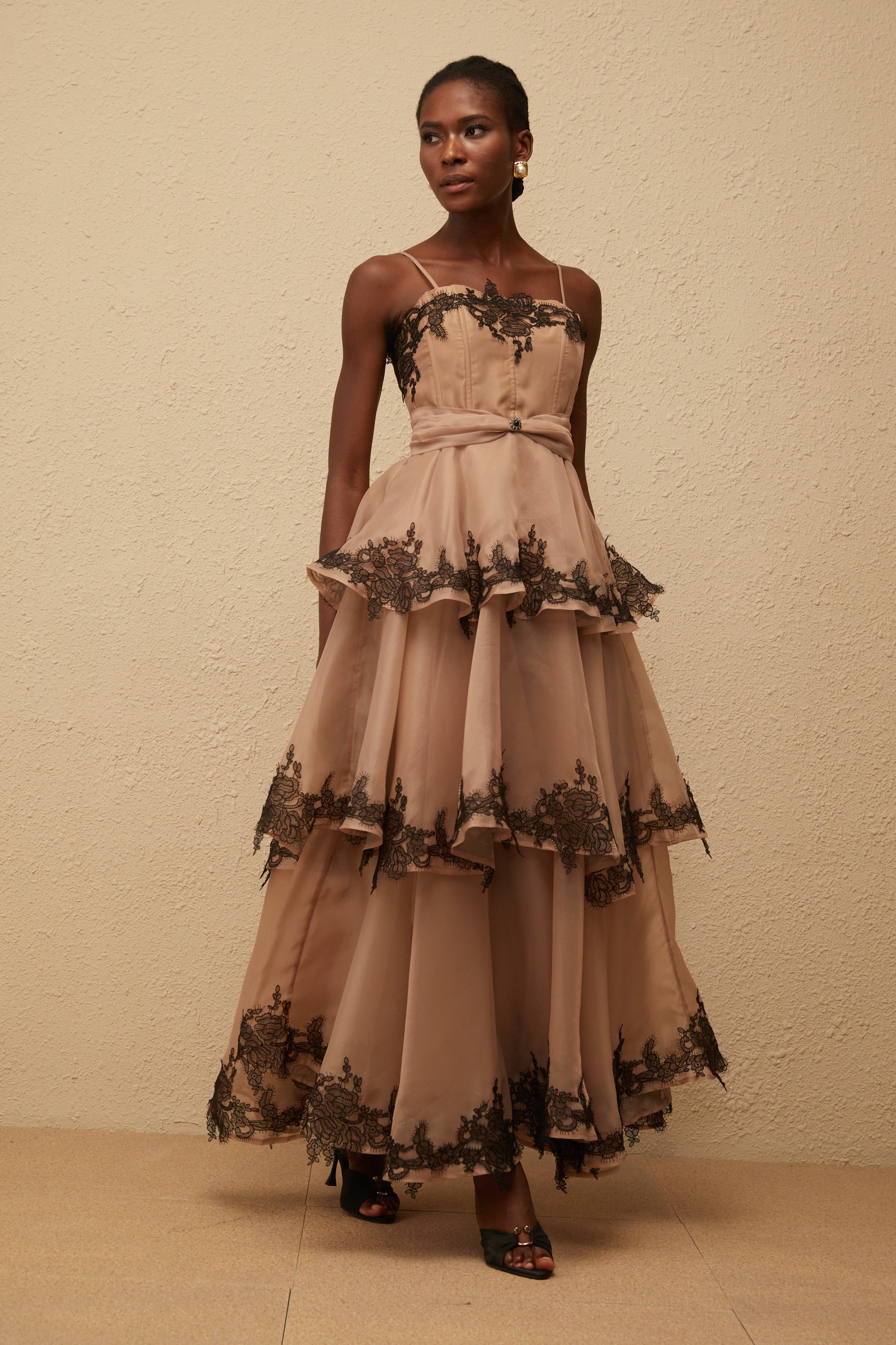 Frideborg Brown Tiered Tulle Maxi Dress