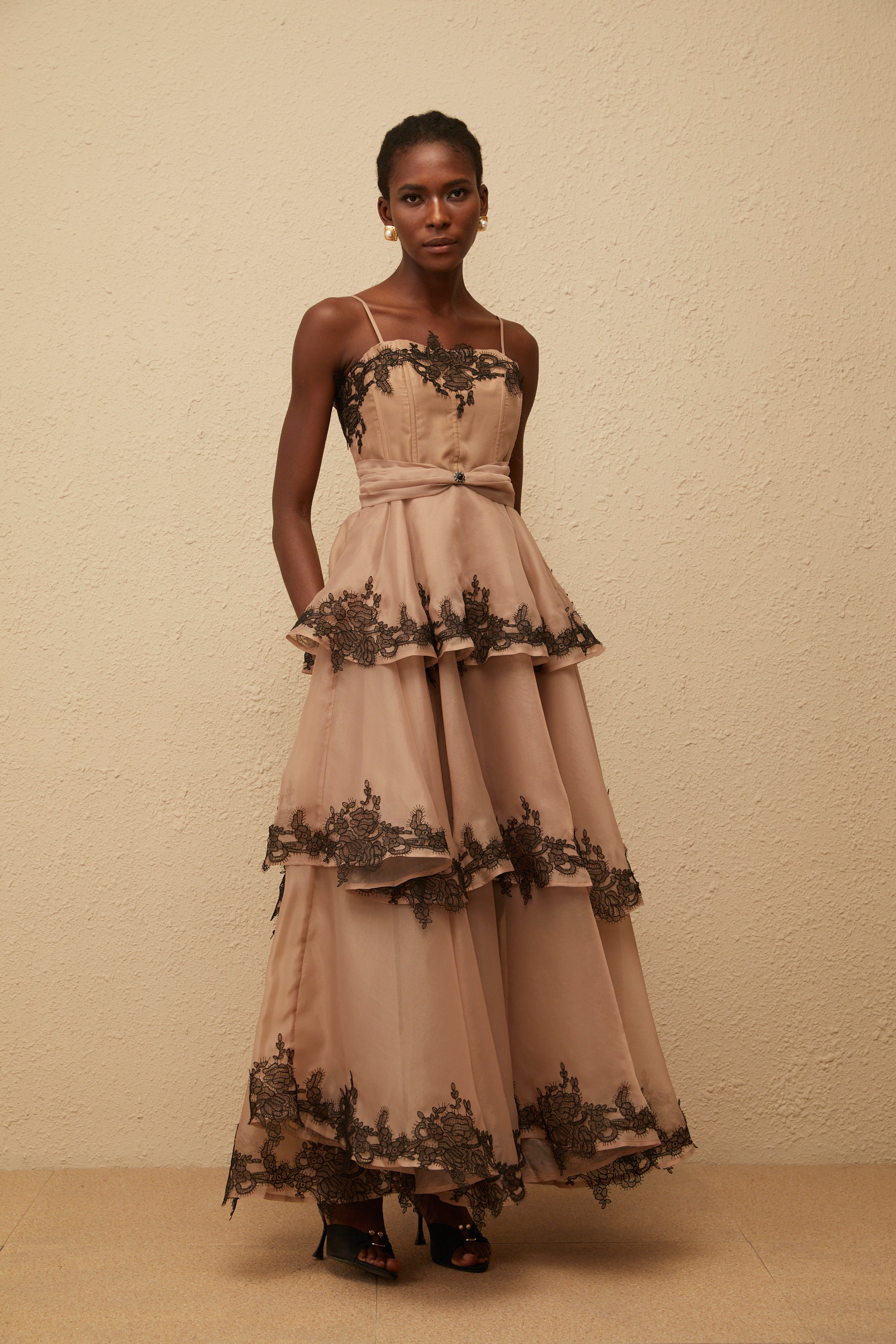 Frideborg Brown Tiered Tulle Maxi Dress