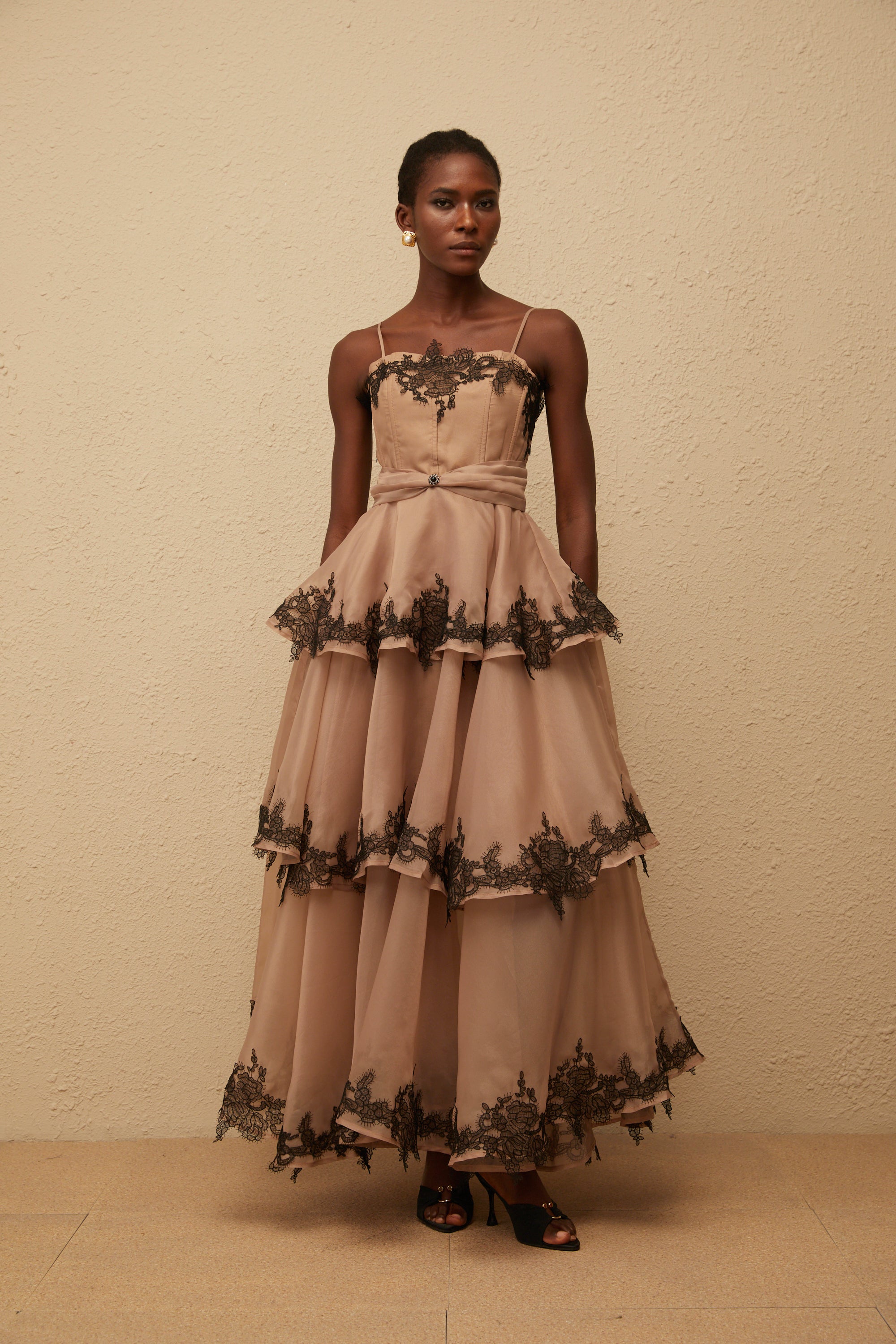 Frideborg Brown Tiered Tulle Maxi Dress