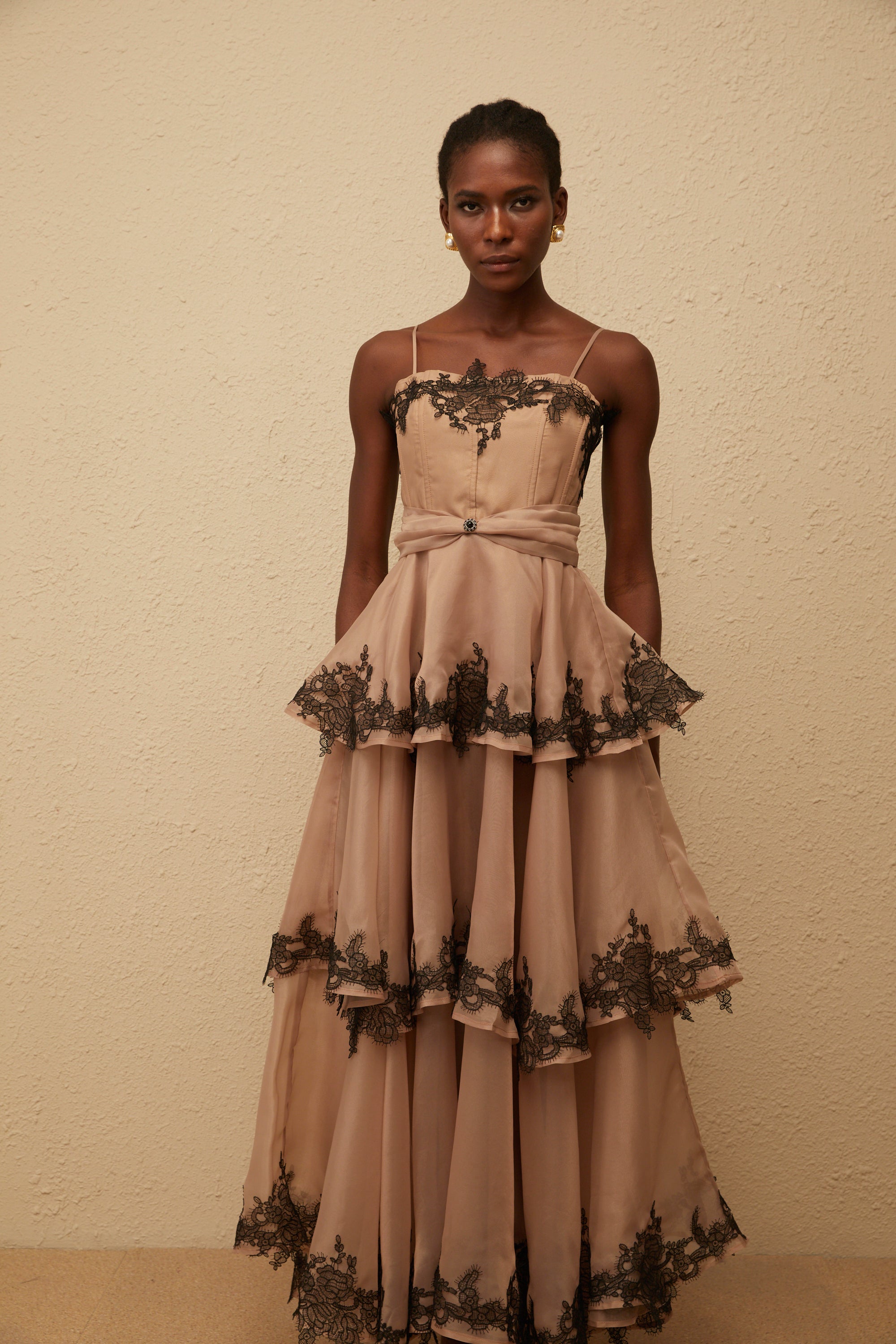 Frideborg Brown Tiered Tulle Maxi Dress