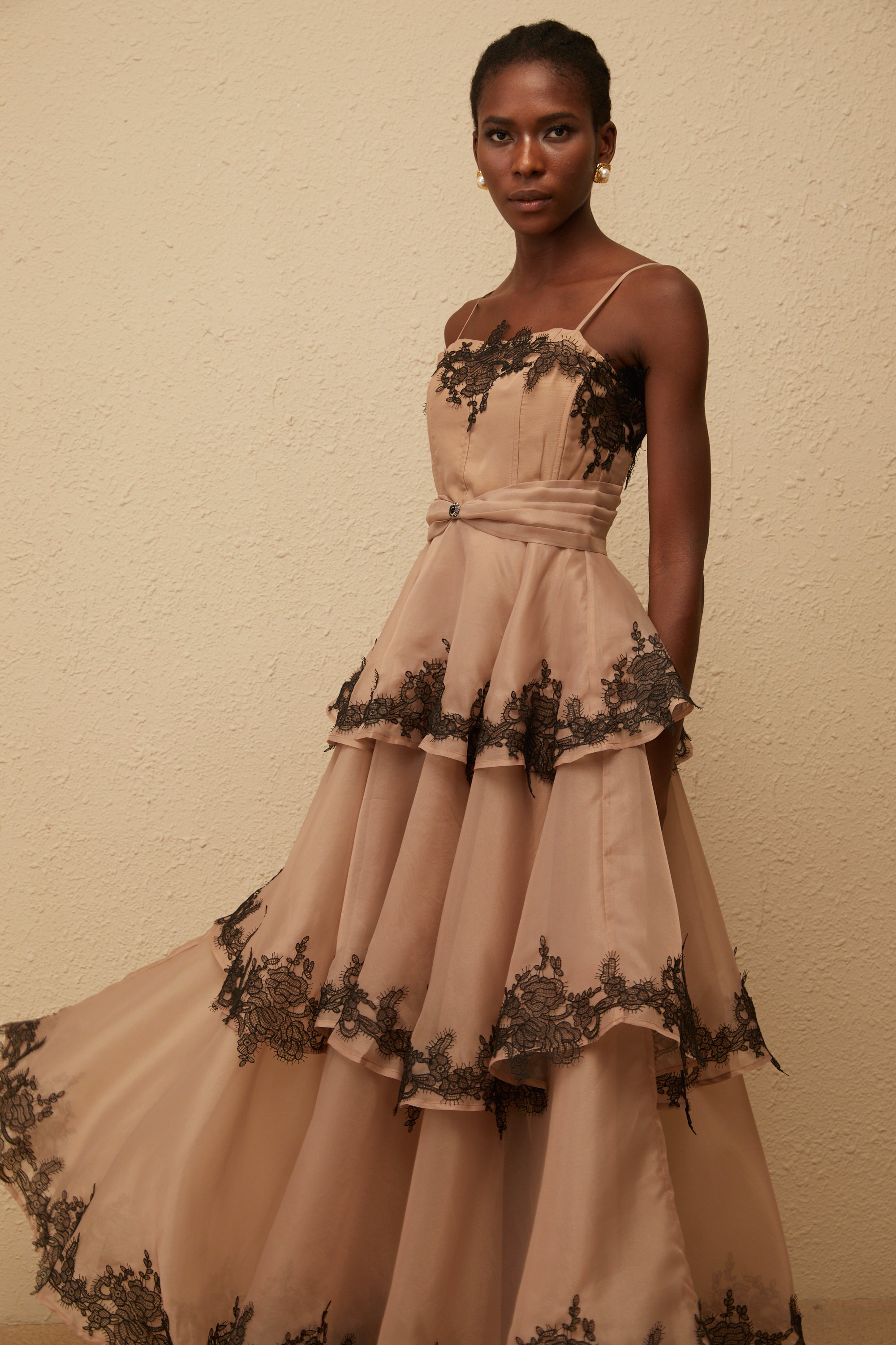 Frideborg Brown Tiered Tulle Maxi Dress
