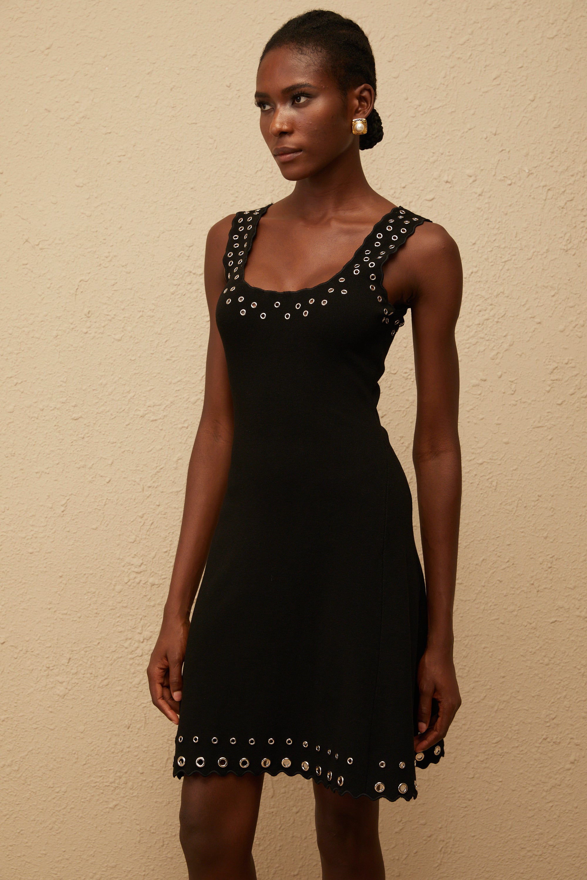 Eirene Black Eyelet Detail Knit Mini Dress