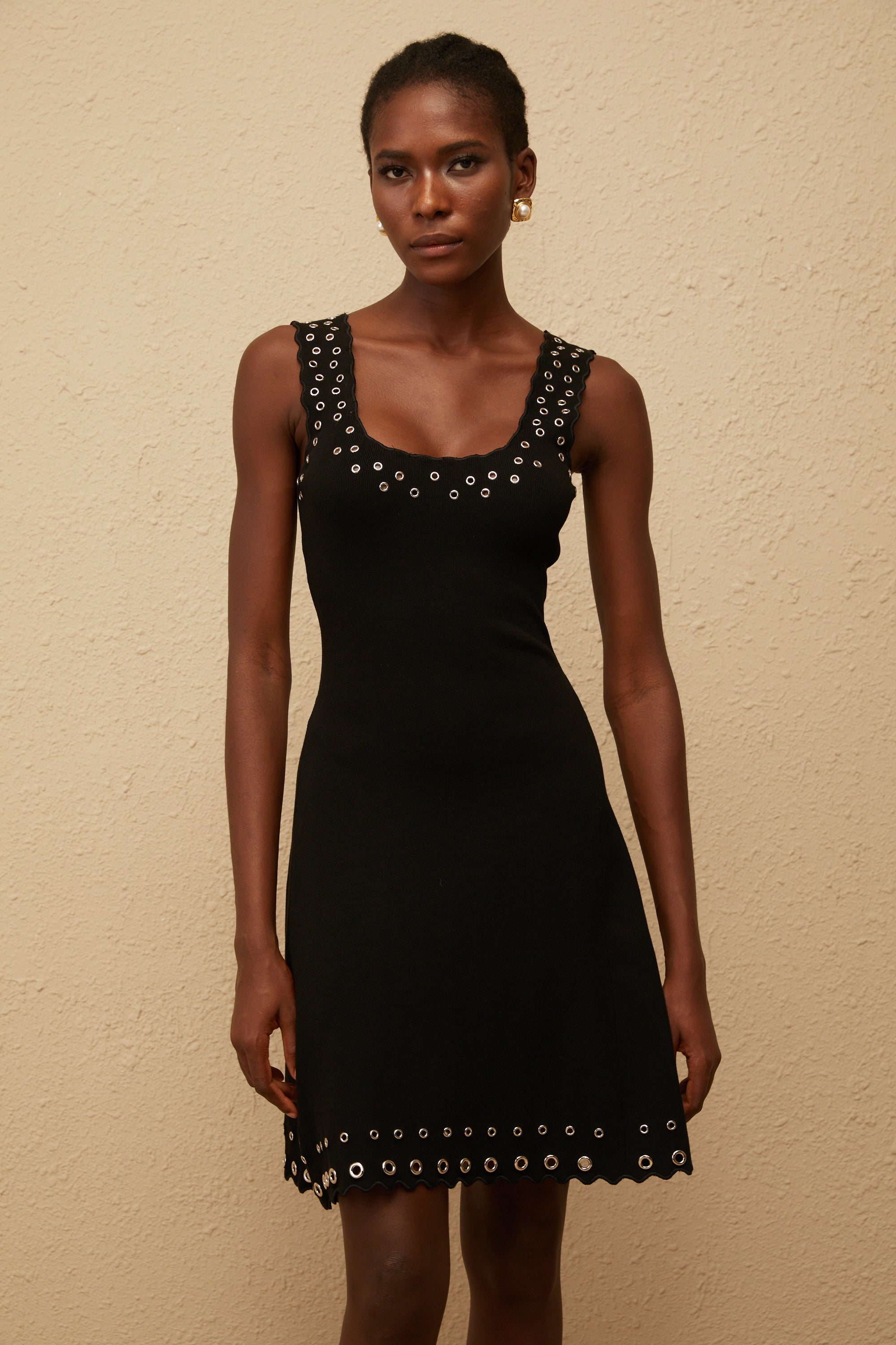 Eirene Black Eyelet Detail Knit Mini Dress