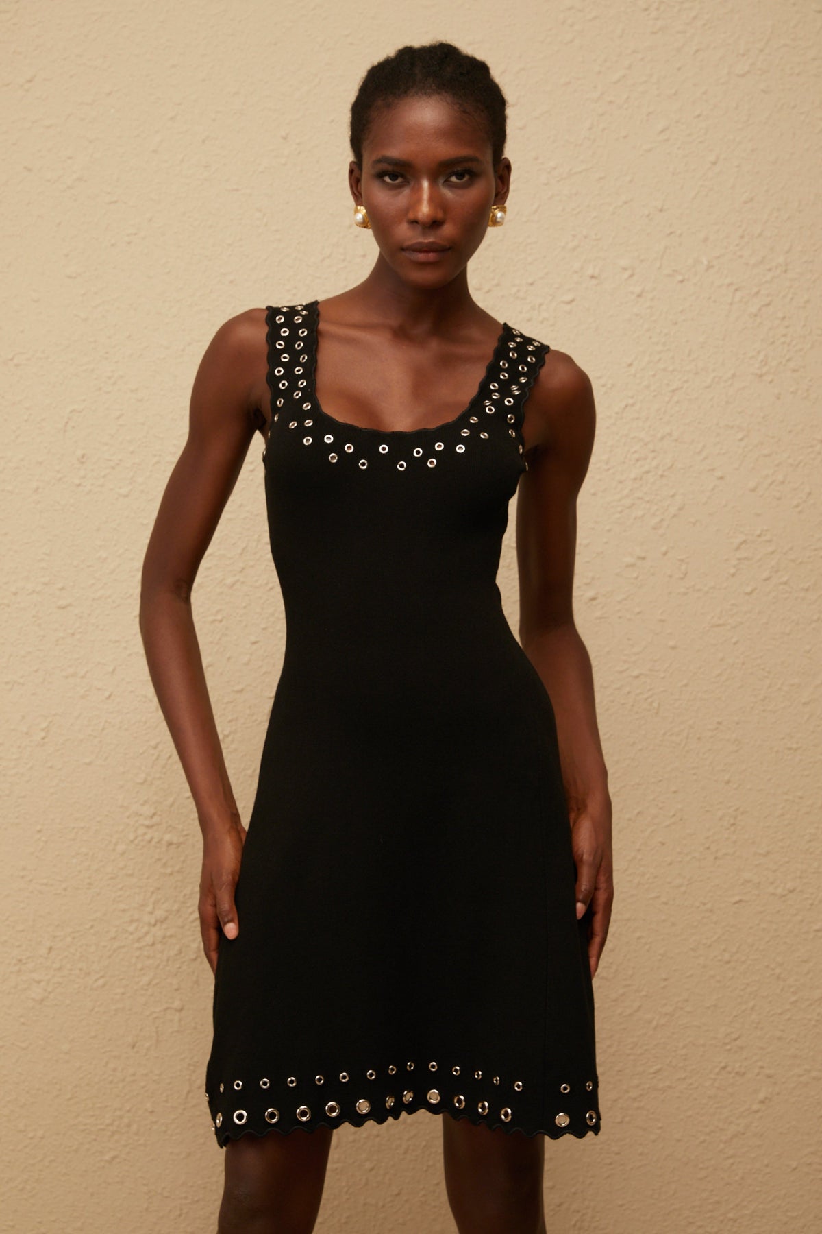 Eirene Black Eyelet Detail Knit Mini Dress