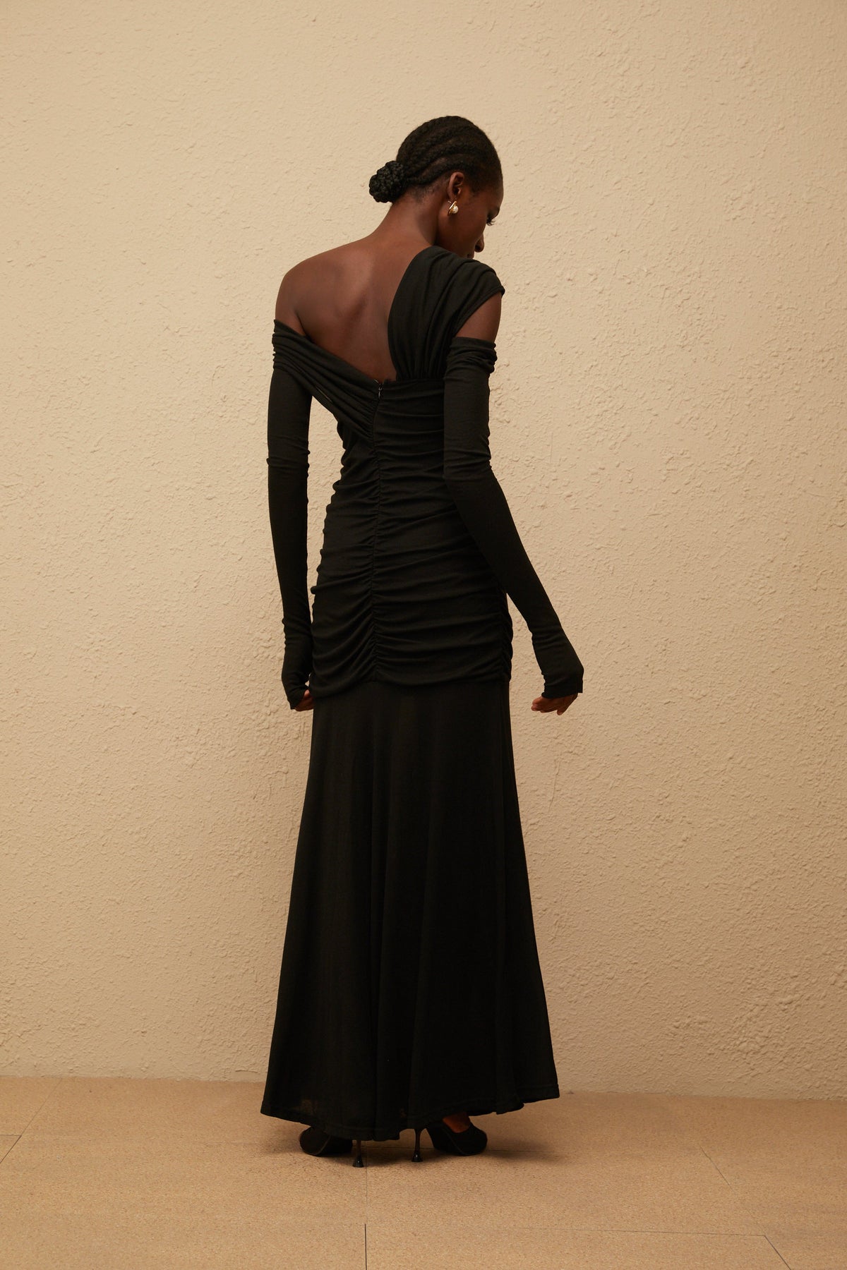 Aava Black Ruched Knit Maxi Dress