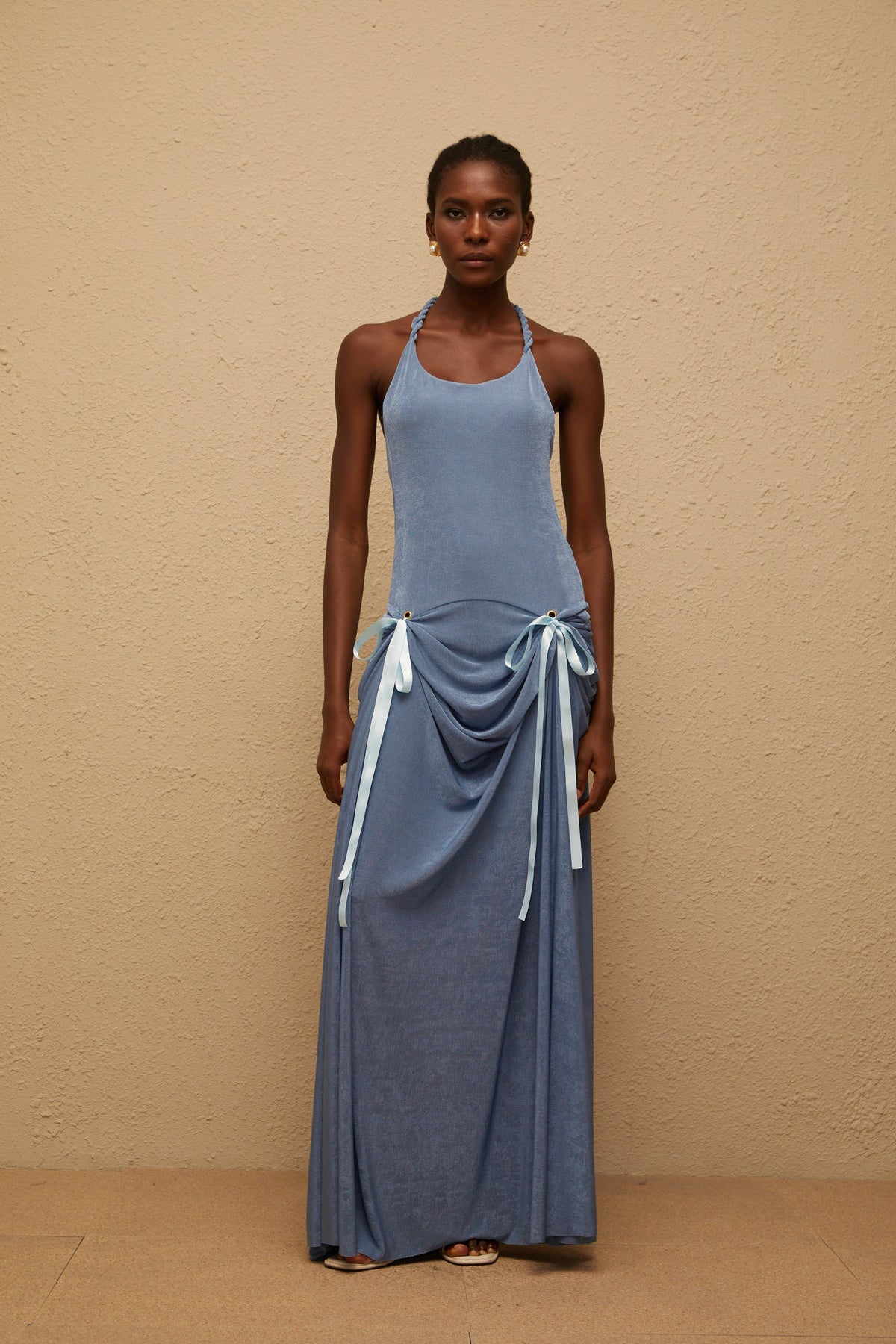 Adèle Blue Bowknot Velvet Maxi Dress (Final Sale)
