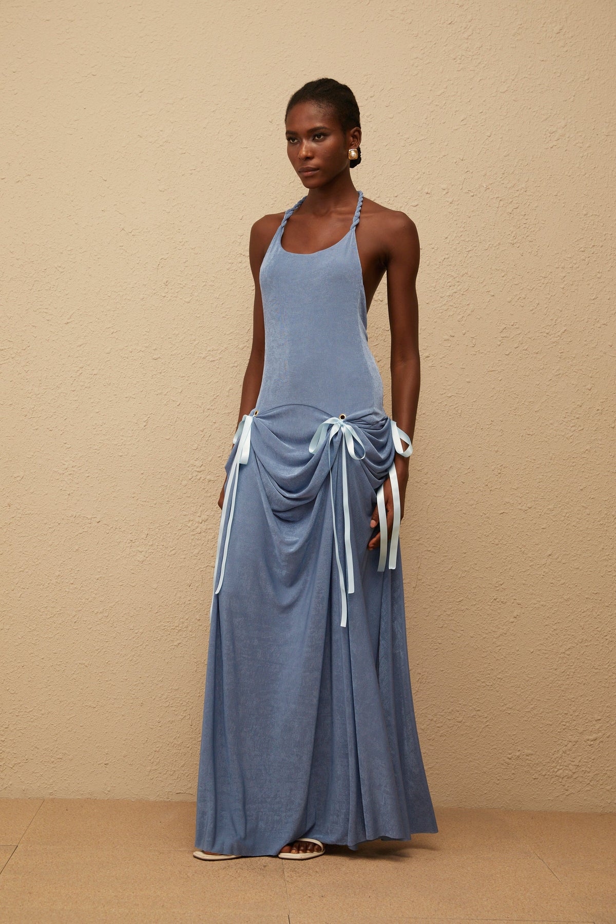 Adèle Blue Bowknot Velvet Maxi Dress (Final Sale-US Only)