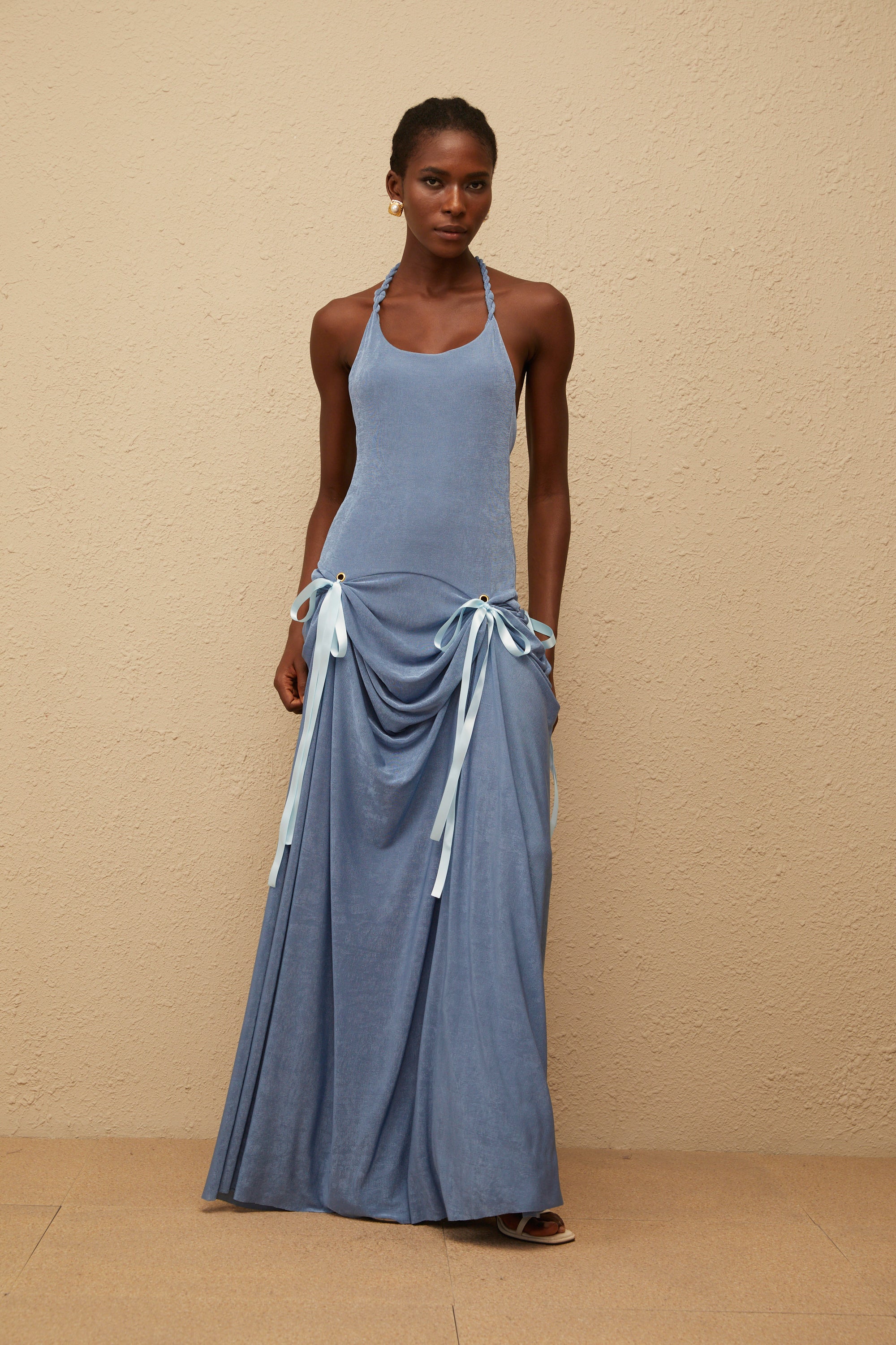 Adèle Blue Bowknot Velvet Maxi Dress (Final Sale)