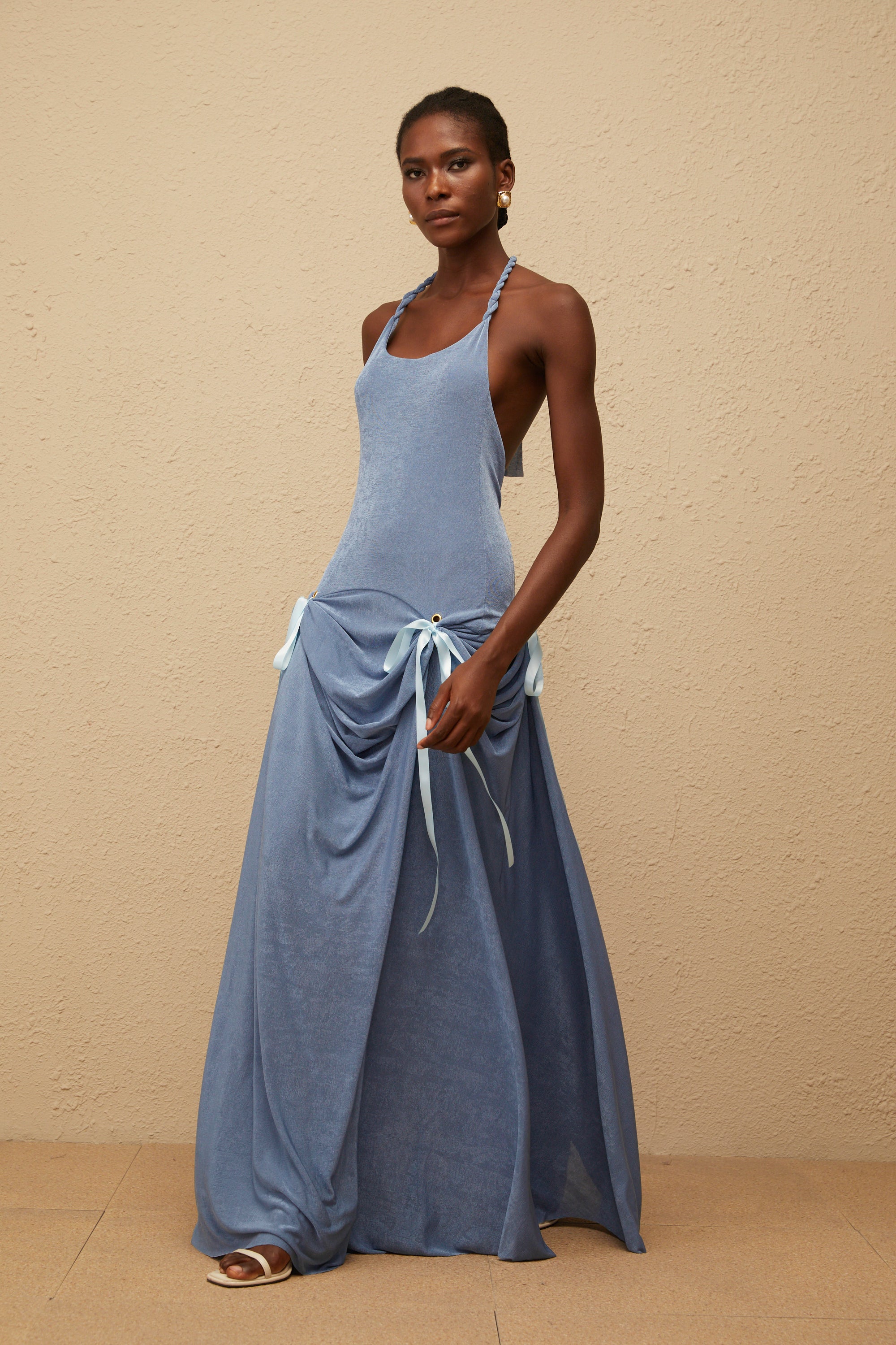 Adèle Blue Bowknot Velvet Maxi Dress (Final Sale-US Only)