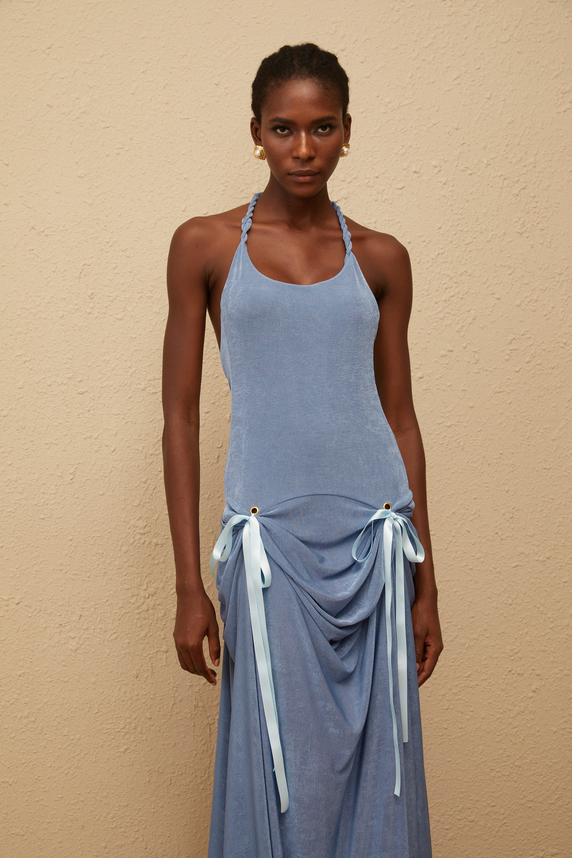 Adèle Blue Bowknot Velvet Maxi Dress (Final Sale)