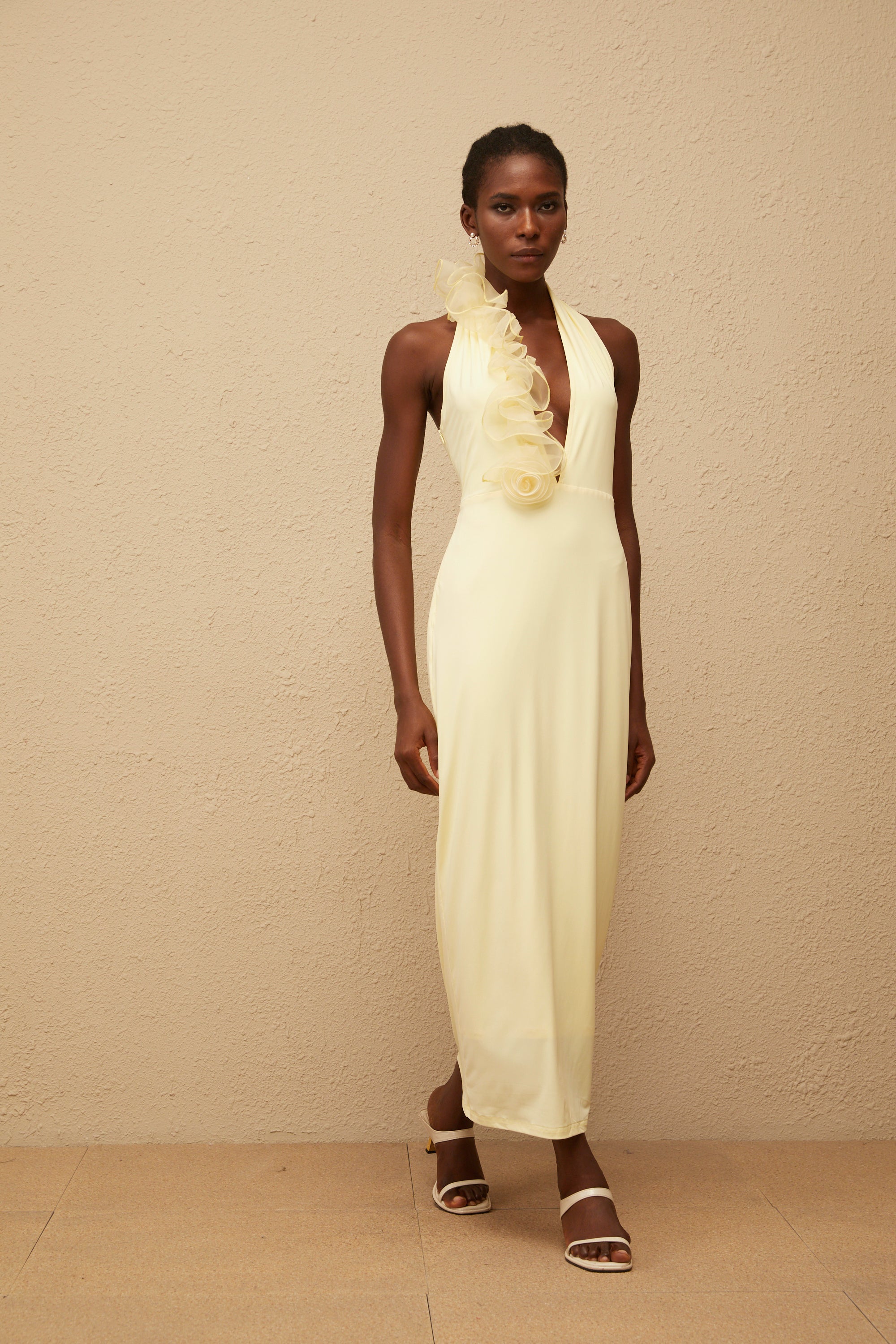 Brume Yellow Halterneck 3D Petal Maxi Dress
