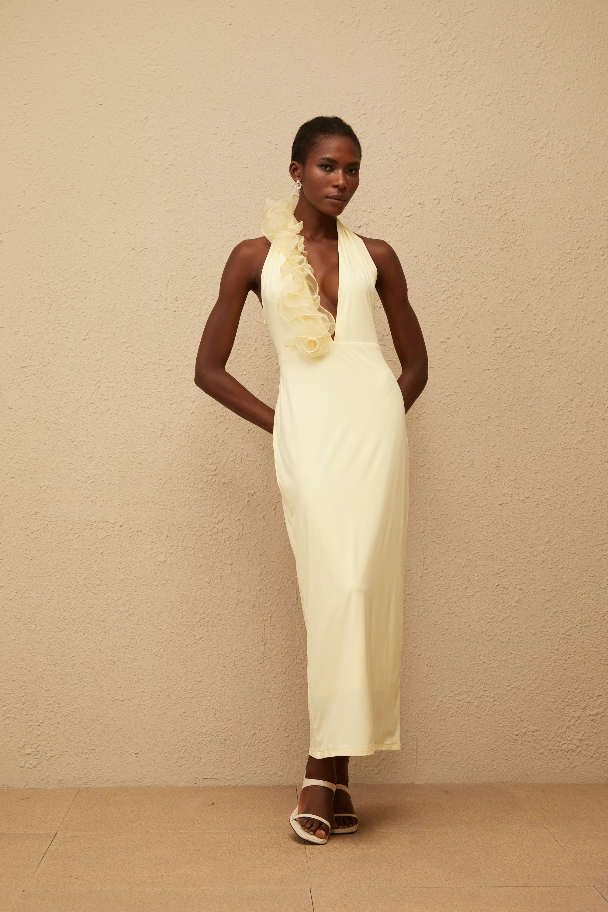 Brume Yellow Halterneck 3D Petal Maxi Dress