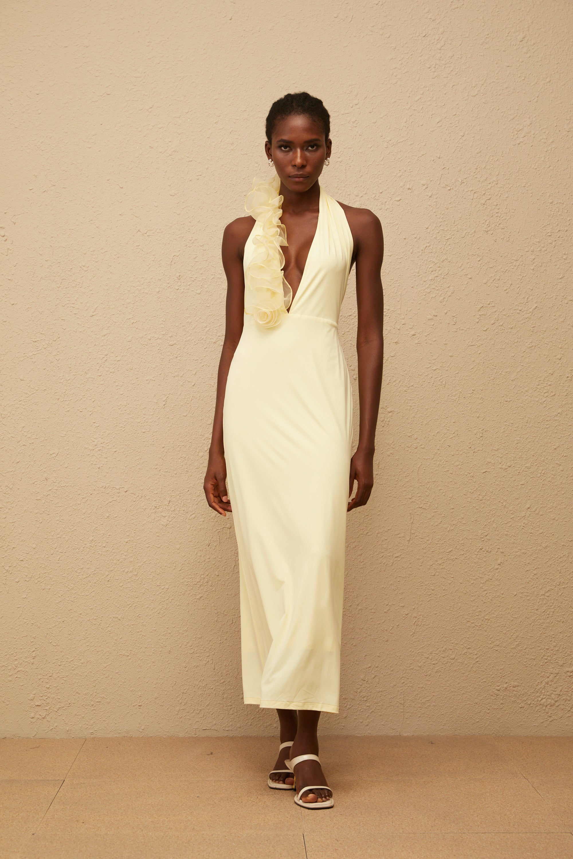 Brume Yellow Halterneck 3D Petal Maxi Dress