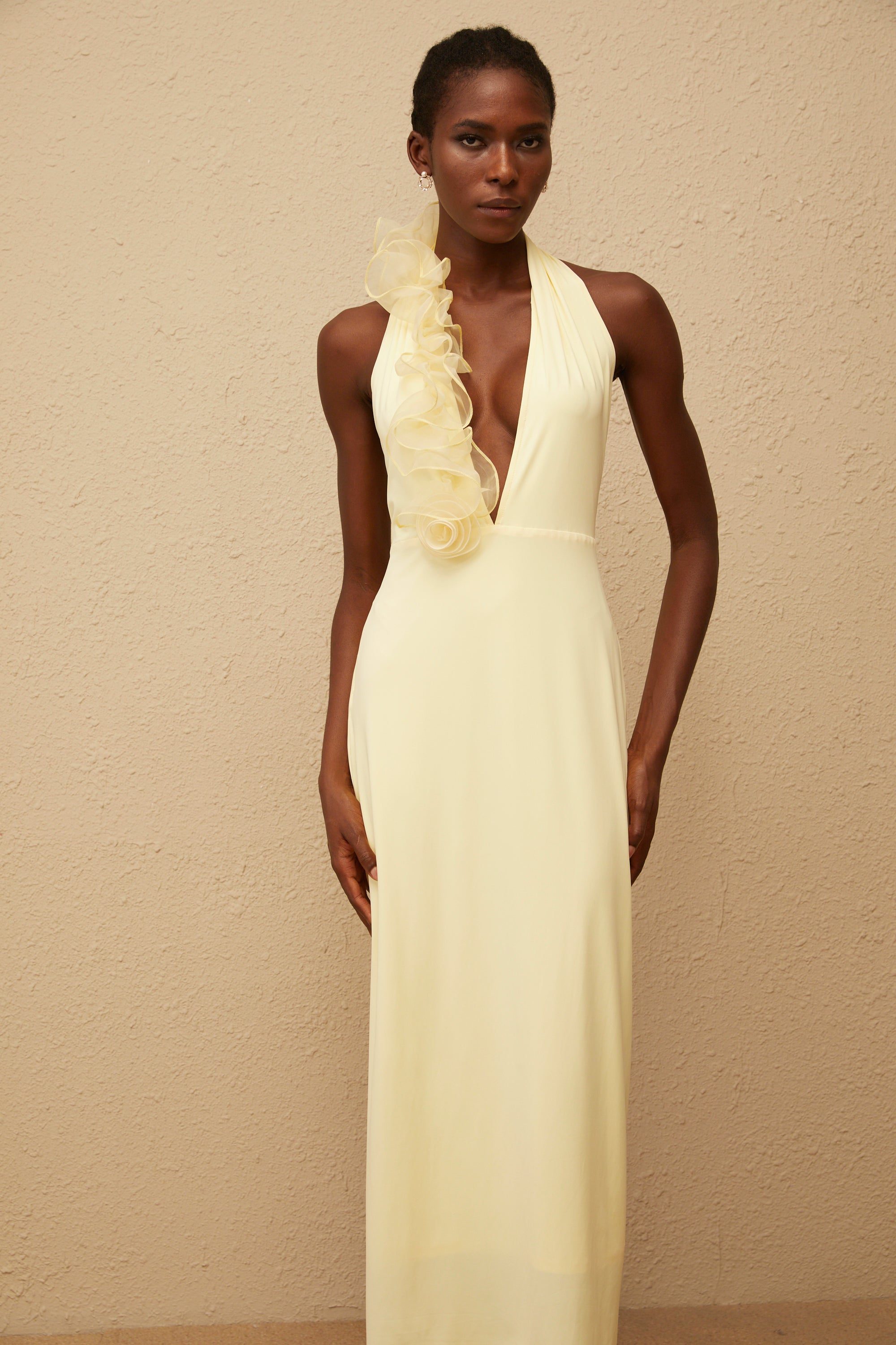 Brume Yellow Halterneck 3D Petal Maxi Dress