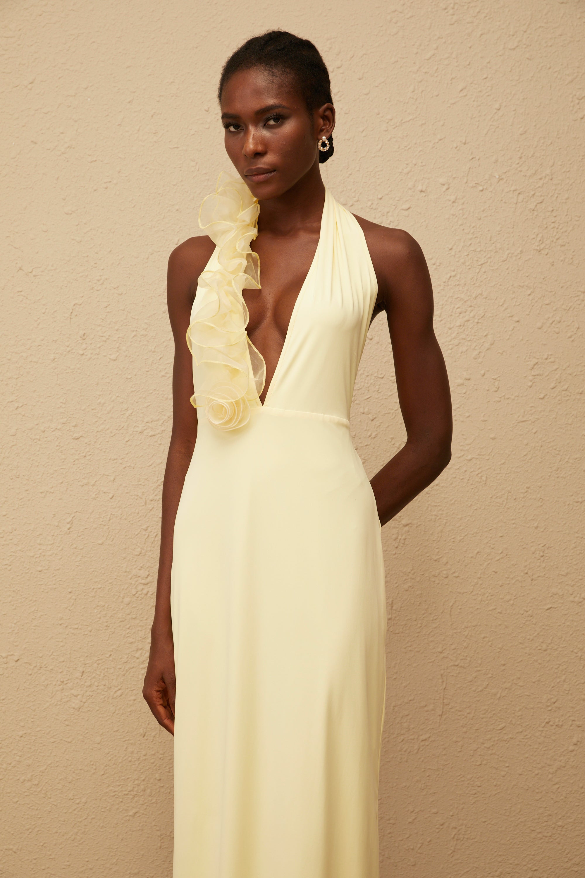 Brume Yellow Halterneck 3D Petal Maxi Dress