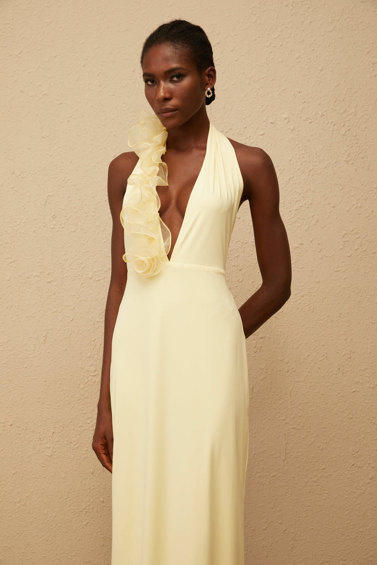 Brume Yellow Halterneck 3D Petal Maxi Dress