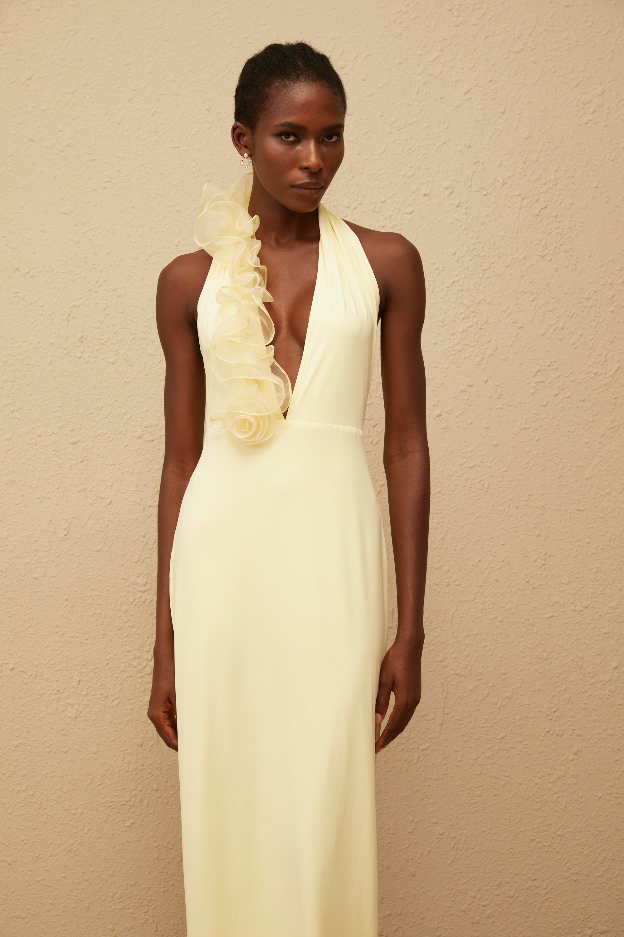 Brume Yellow Halterneck 3D Petal Maxi Dress