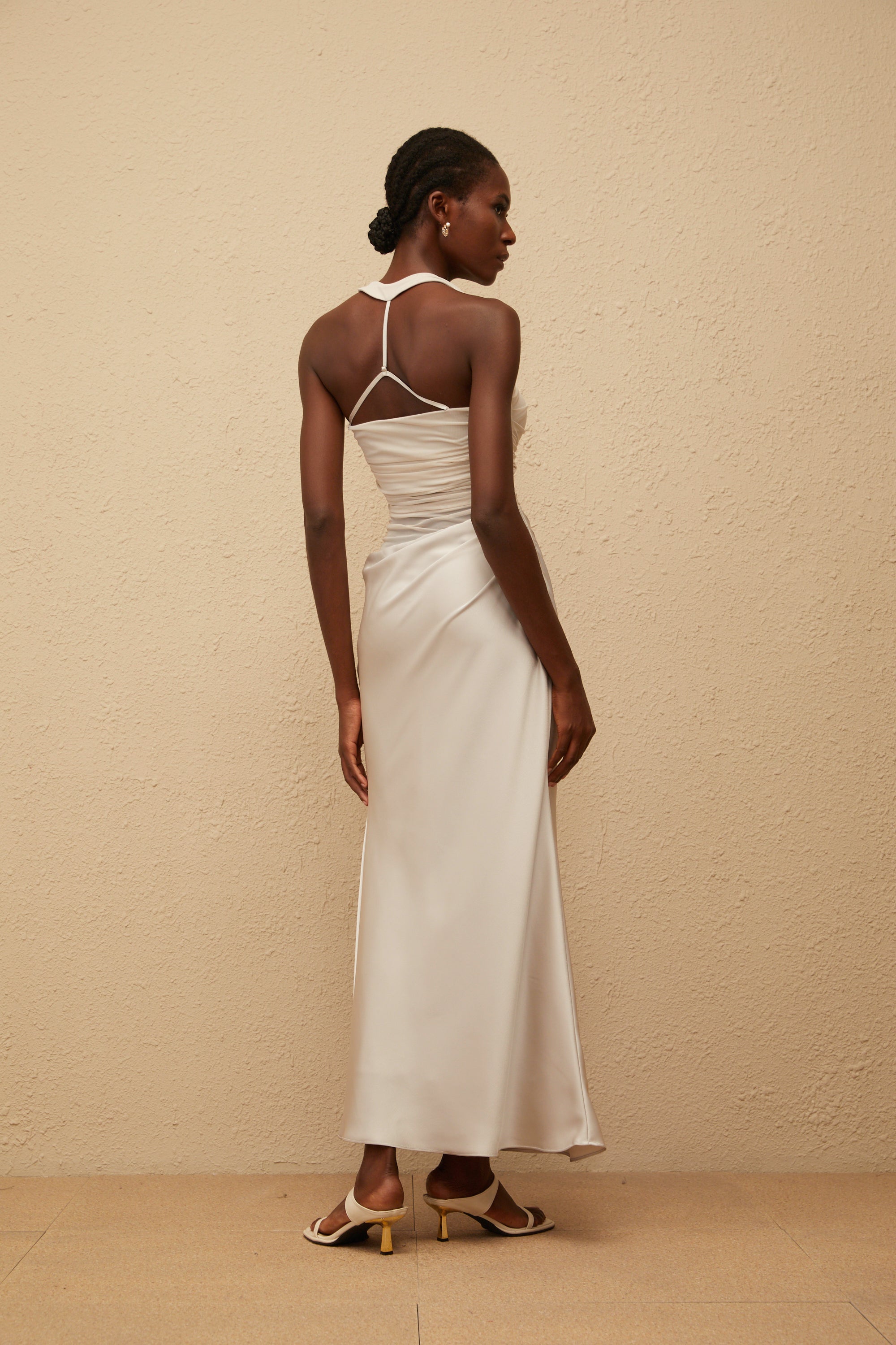 Taina Grey Mesh Panel Ruched Maxi Dress