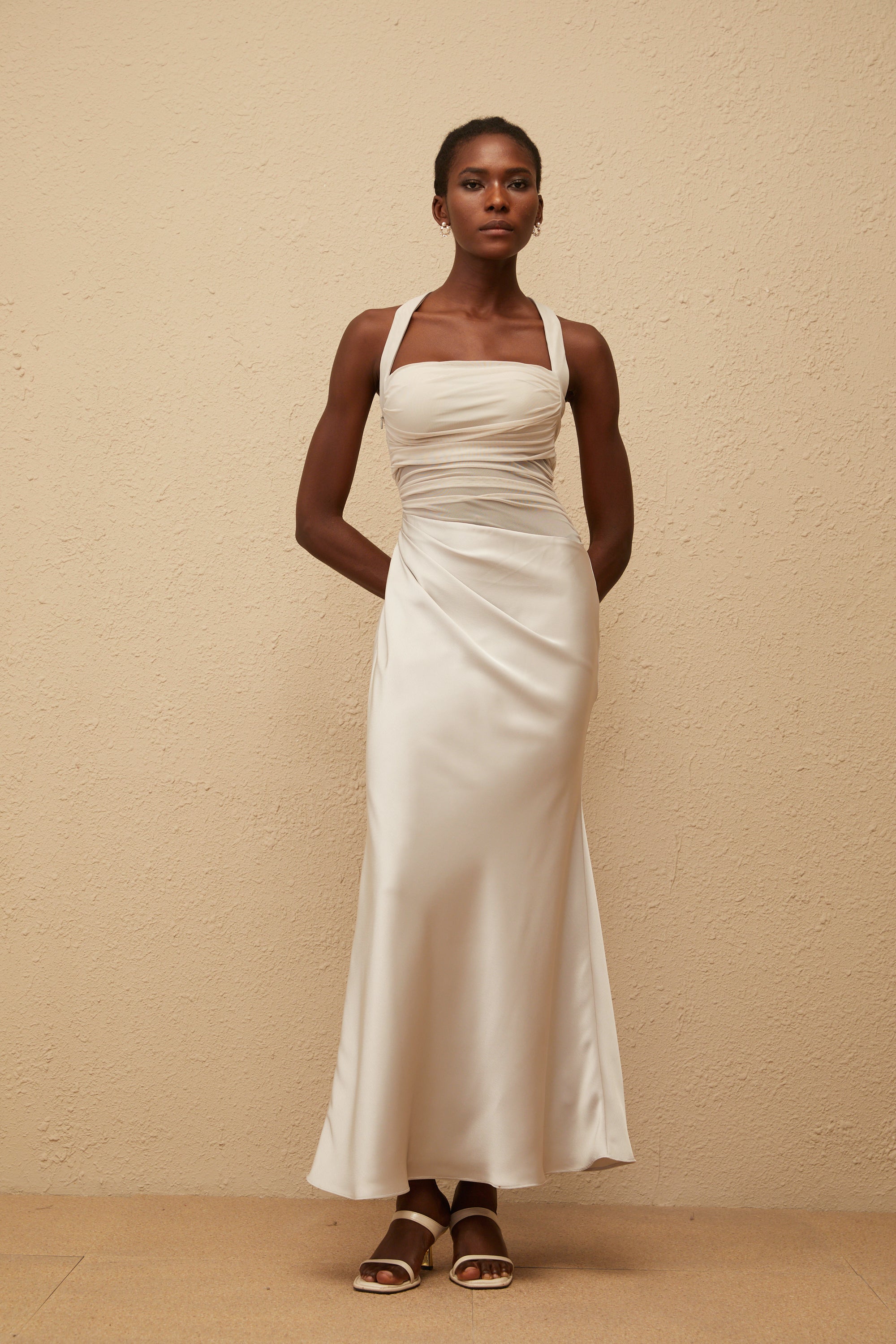 Taina Grey Mesh Panel Ruched Maxi Dress