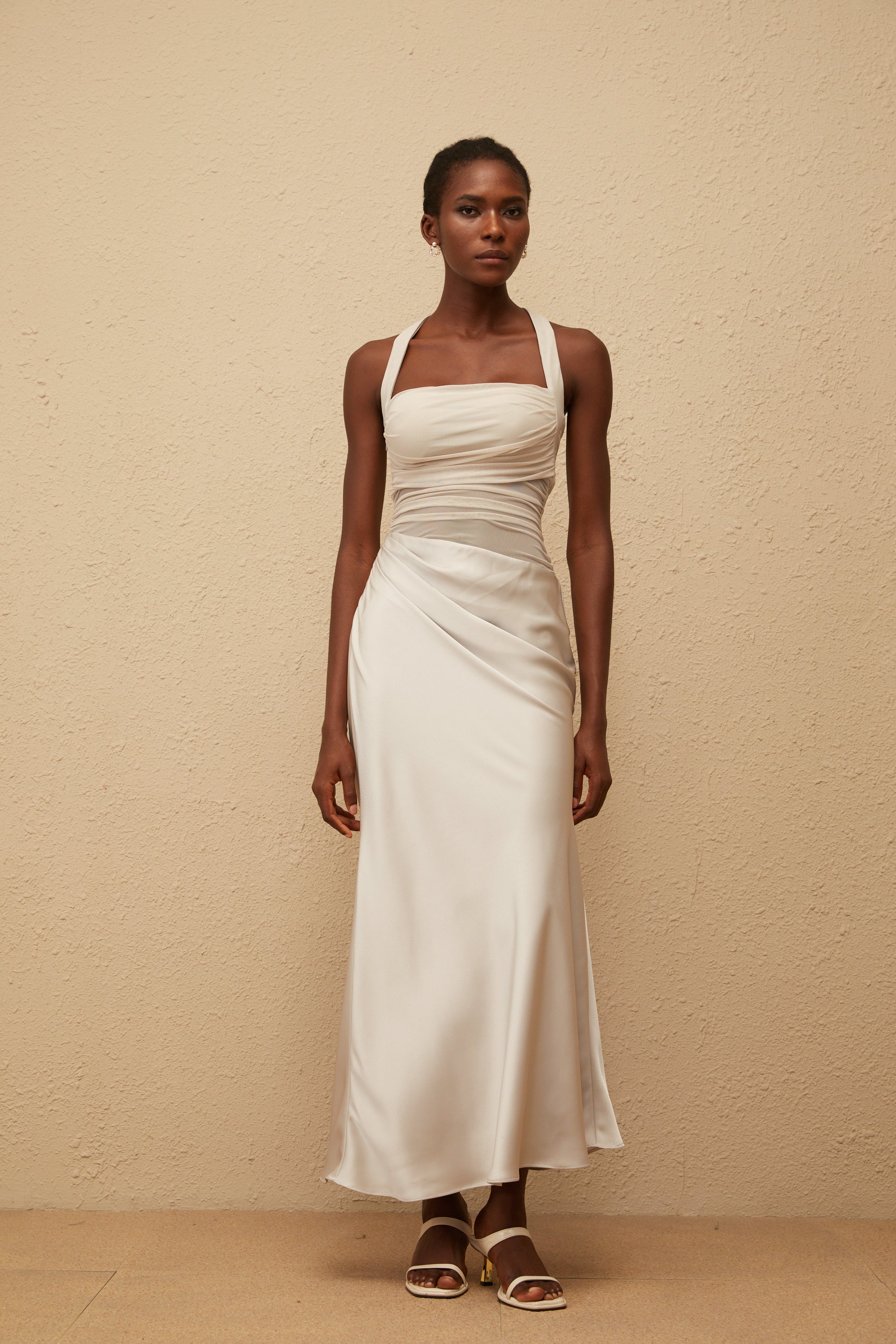 Taina Grey Mesh Panel Ruched Maxi Dress