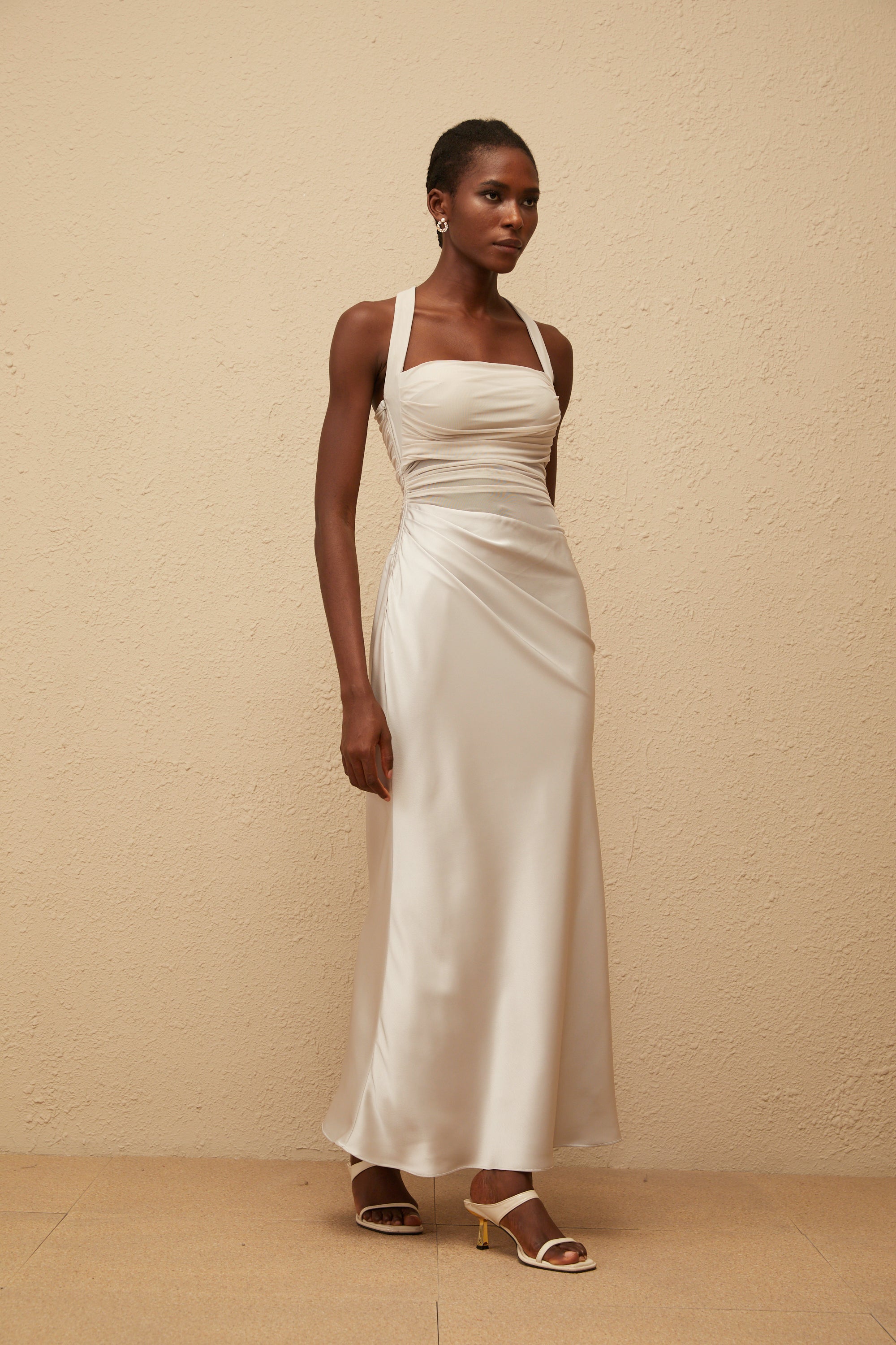 Taina Grey Mesh Panel Ruched Maxi Dress
