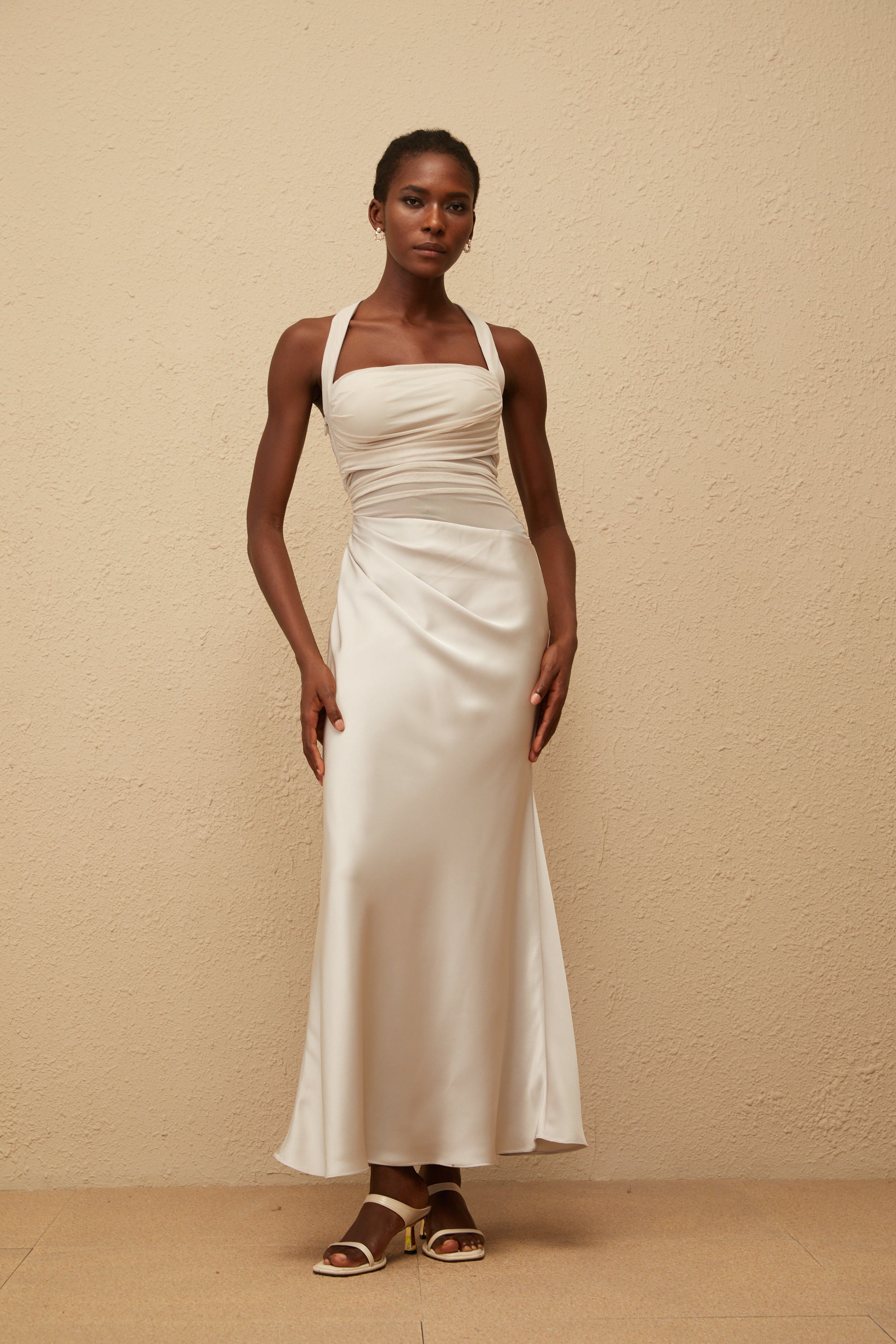 Taina Grey Mesh Panel Ruched Maxi Dress