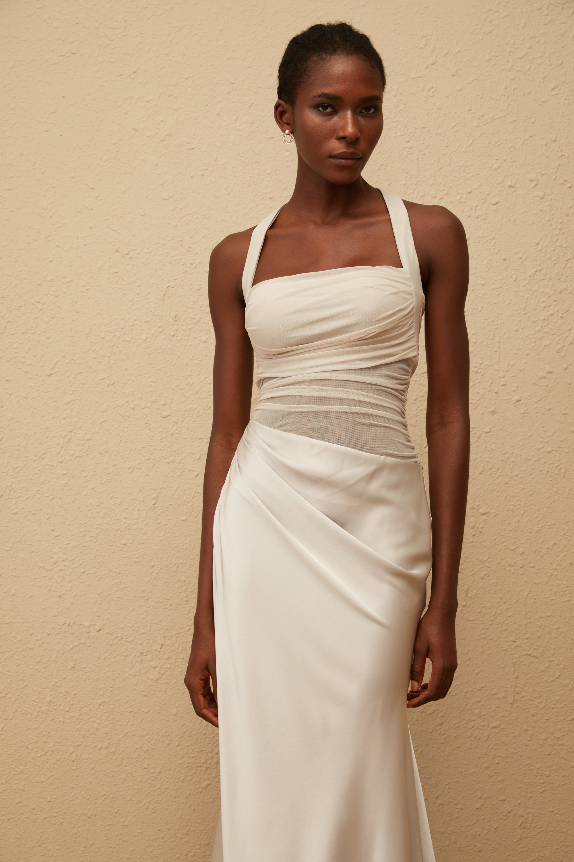 Taina Grey Mesh Panel Ruched Maxi Dress