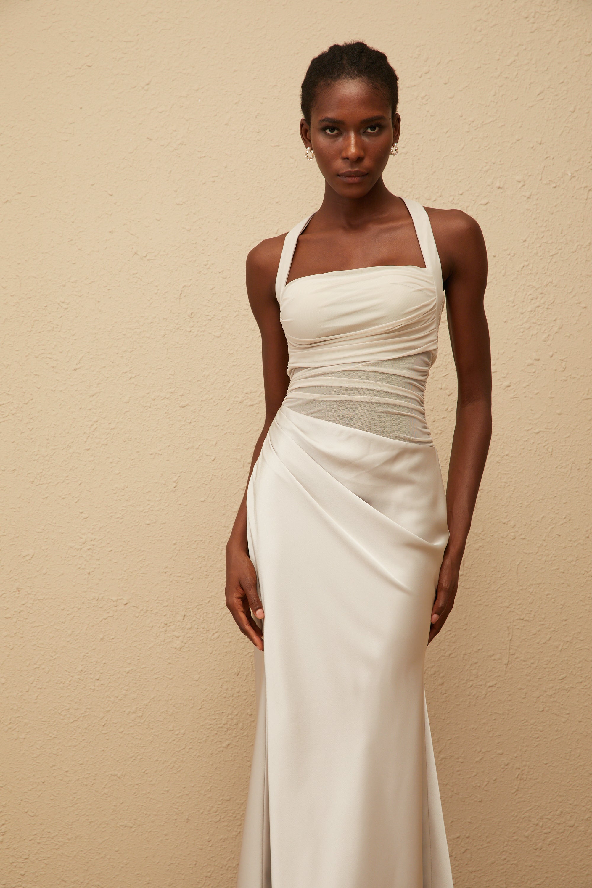 Taina Grey Mesh Panel Ruched Maxi Dress