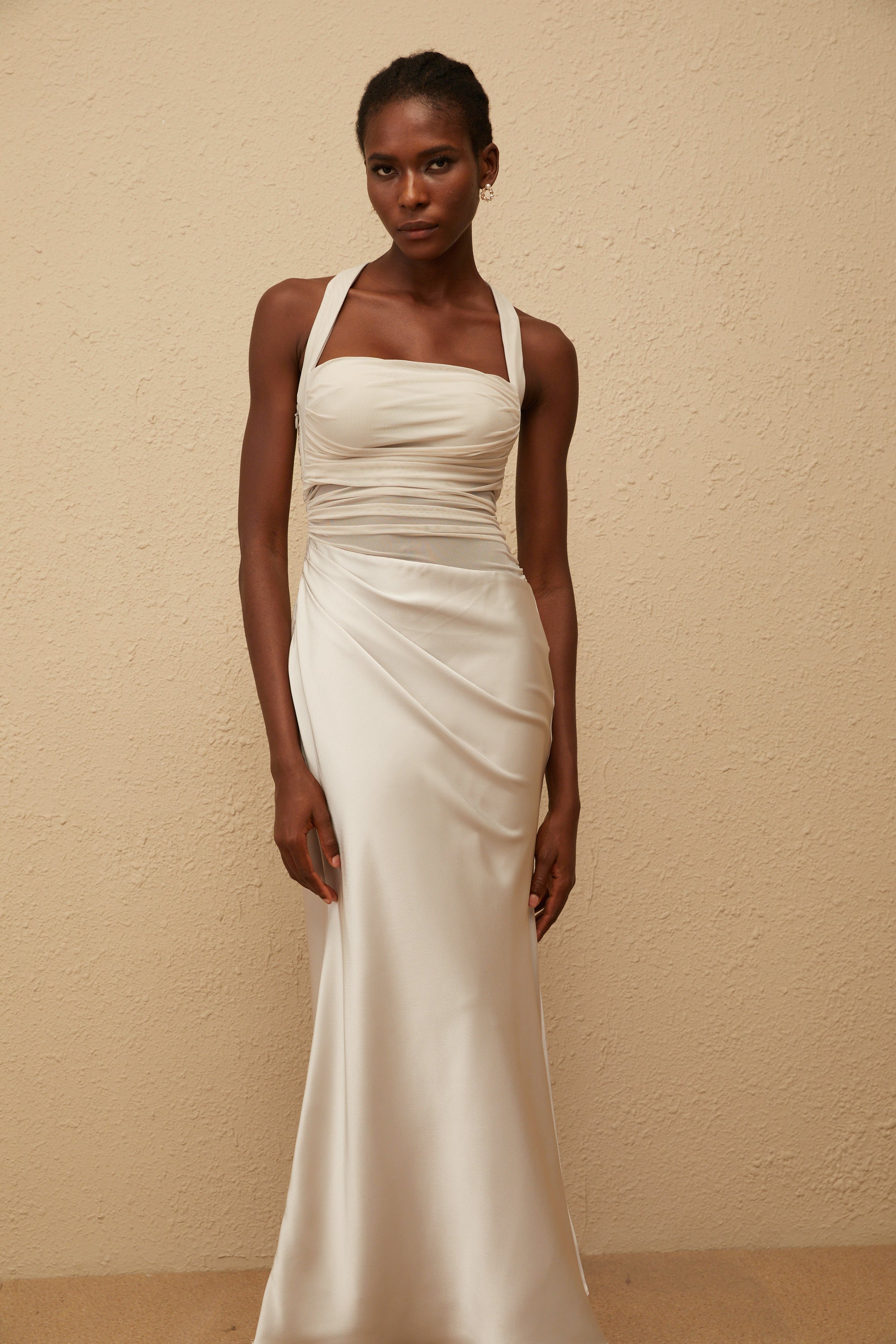 Taina Grey Mesh Panel Ruched Maxi Dress