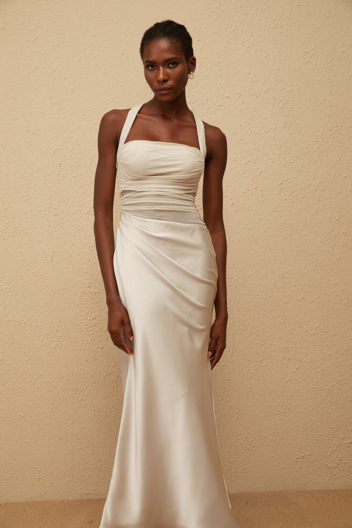 Taina Grey Mesh Panel Ruched Maxi Dress